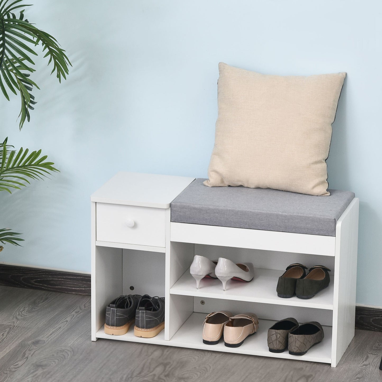 Shoe Bench with Storage, Modern Upholstered Entryway Bench with Shelves, Drawers and Table Top for Living Room, Hallway, White Shoe Storage Cabinets & Racks   at Gallery Canada