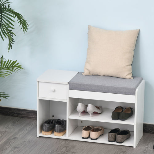 Shoe Bench with Storage, Modern Upholstered Entryway Bench with Shelves, Drawers and Table Top for Living Room, Hallway, White