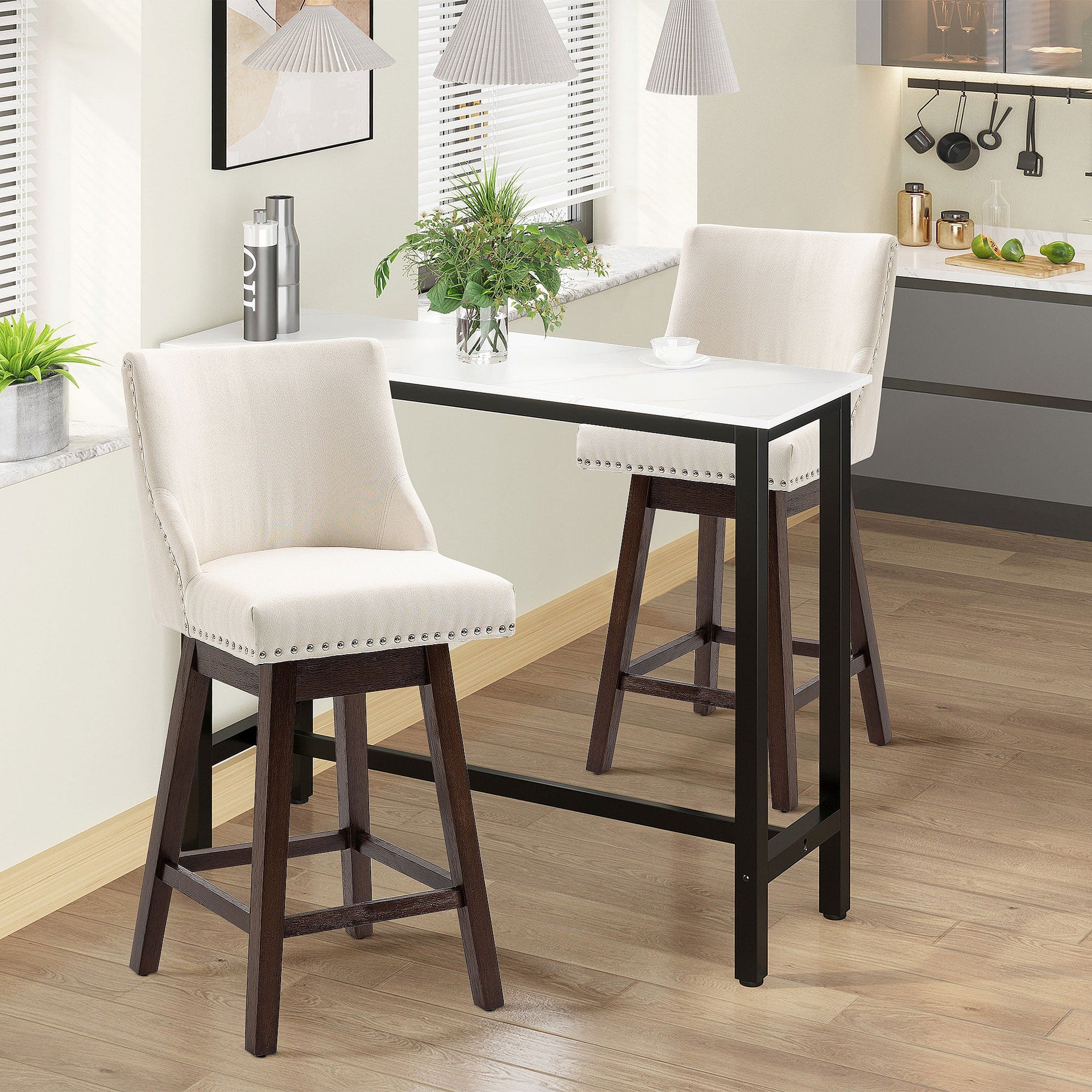 Swivel Bar stool Set of 2 Armless Upholstered Bar Chairs with Nailhead-Trim, Wood Legs, Cream White Bar Stools   at Gallery Canada