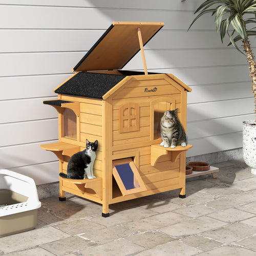 2-Storey Outdoor Cat House, Wooden Catio with Openable Roof, Lounge Space, Fun Entrances, for Feral Cats, Yellow