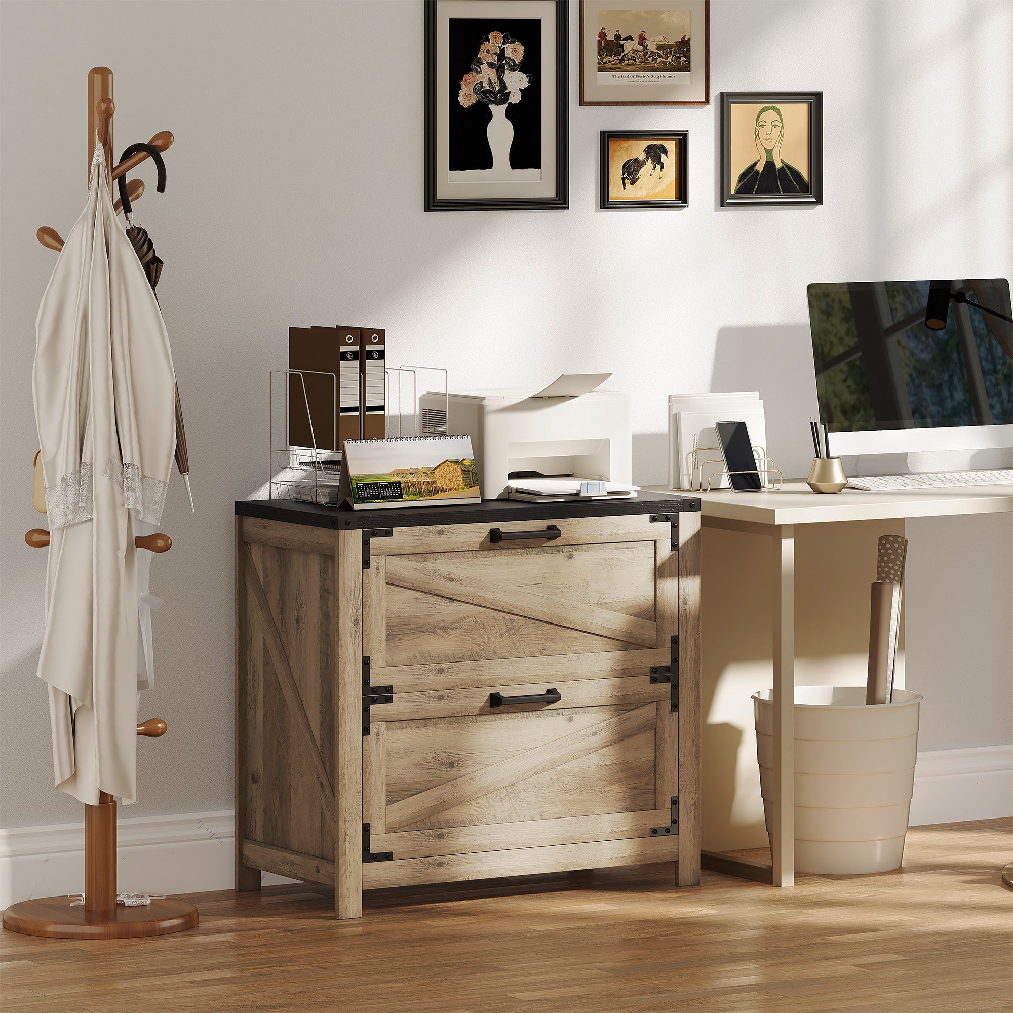 2 Drawer Filing Cabinet, Farmhouse Office Storage Cabinet with Adjustable Hanging Bars for Letter, A4, Legal Size, Grey Office Cabinets & Cupboards at Gallery Canada