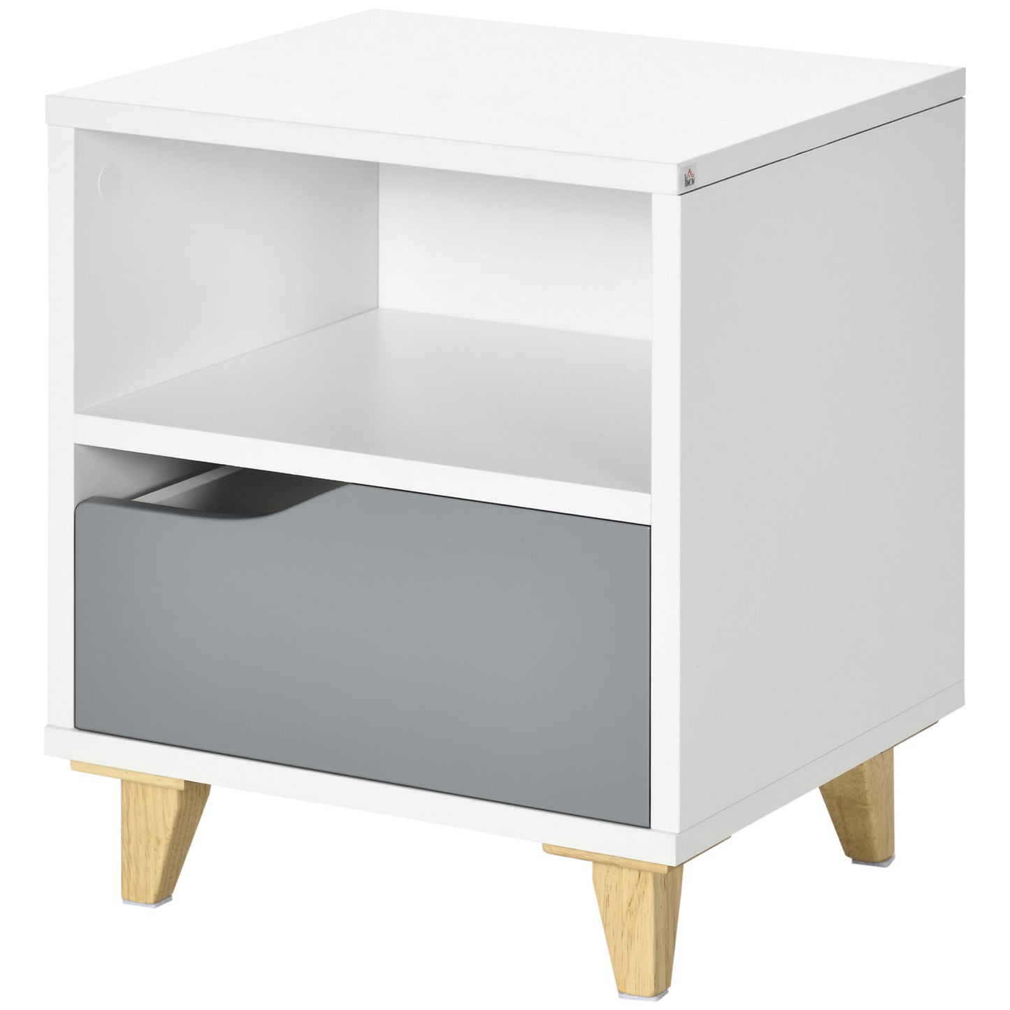 Modern Bedside Table, Side End Table with Shelf, Drawer and Wood Legs, 14.5" x 13" x 17.2", White and Grey Bedside Tables   at Gallery Canada