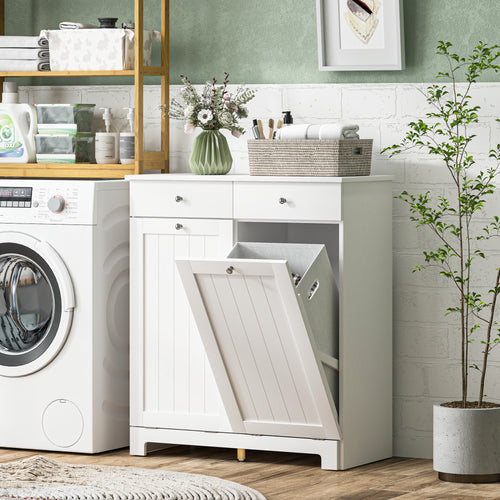 Laundry Cabinet, Tilt Out Laundry Hamper Cabinet with 2 Baskets, Bathroom Hamper Cabinet with 2 Drawers, White