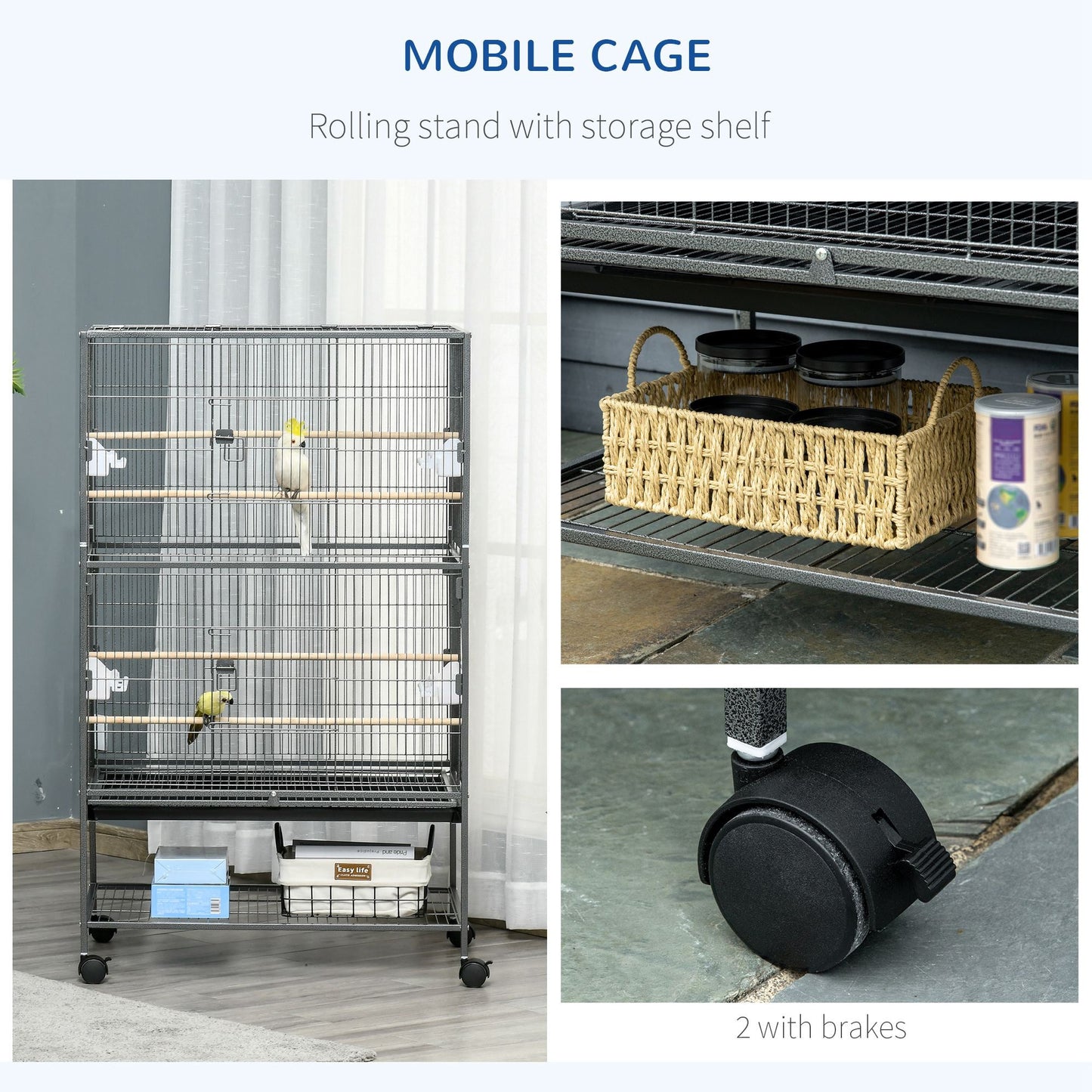 52'' Large Rolling Steel Bird Cage Bird House with Rolling Stand, Storage Shelf, Wood Perch, Food Container, Dark Grey Bird Cages   at Gallery Canada