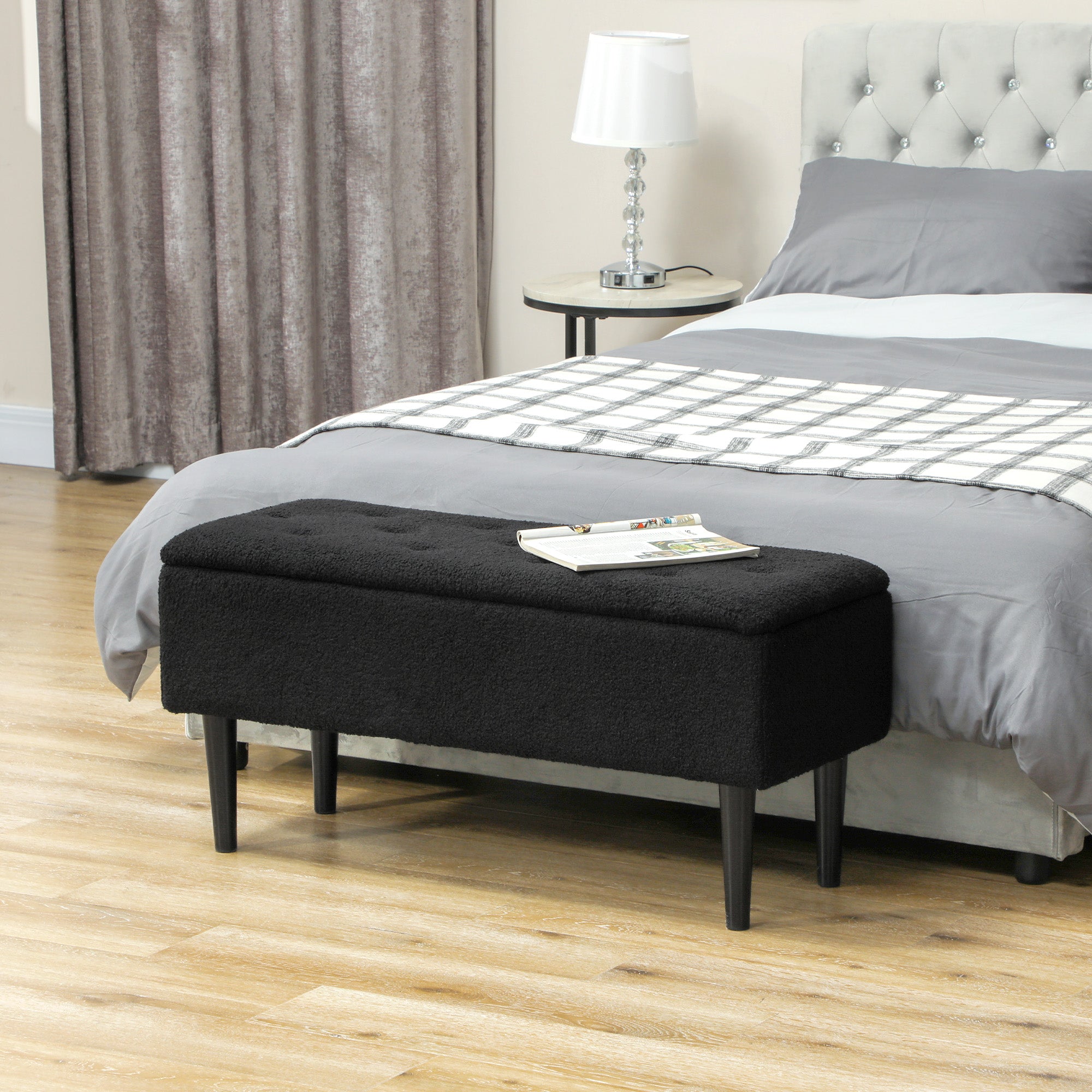 Modern Storage Bench, Ottoman with Storage and Lamb's Wool Upholstery for Living Room, Bedroom, Black Storage Ottomans & Benches at Gallery Canada