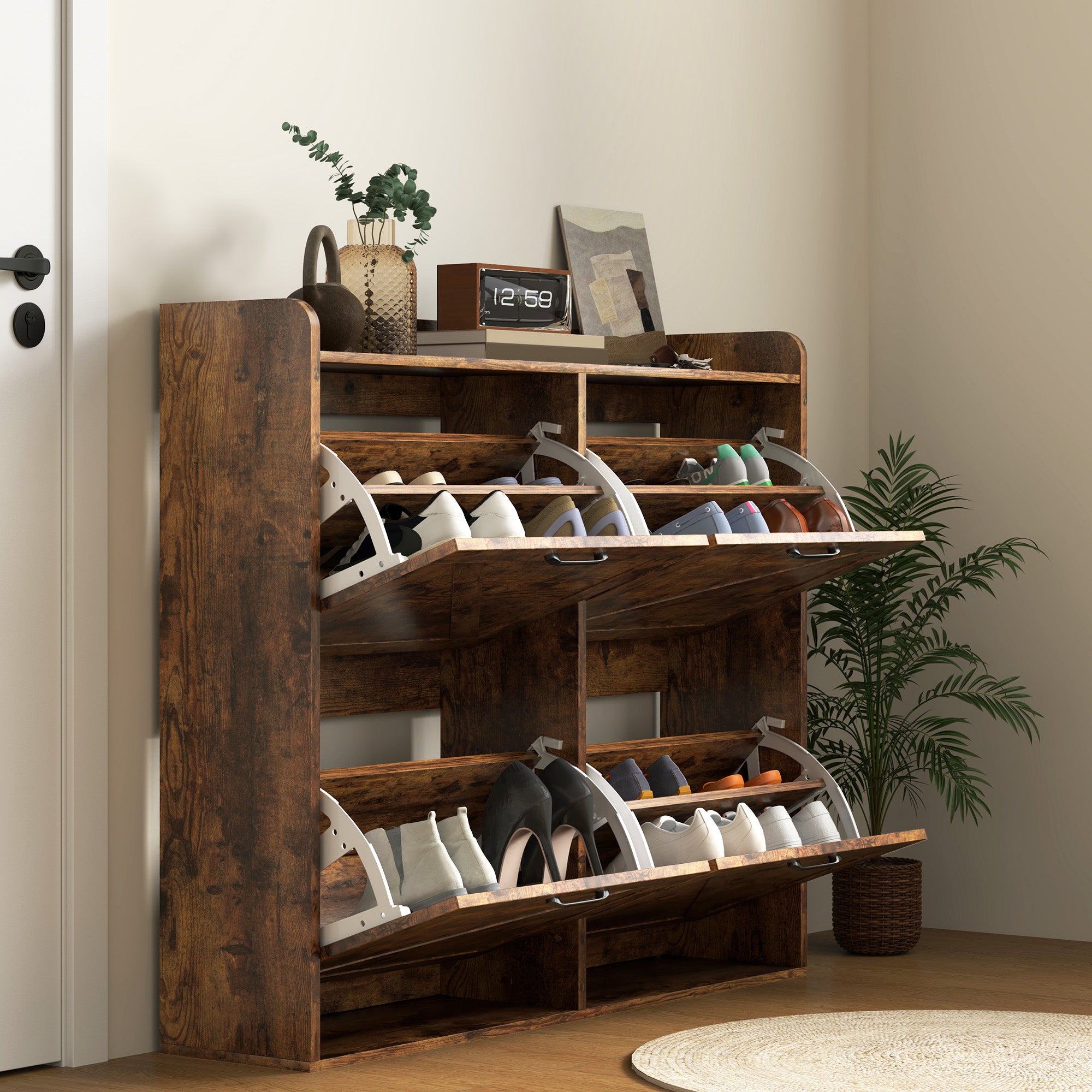 Narrow Shoe Storage Cabinet with 4 Flip Drawers, Adjustable Shelves, 16 Pair Farmhouse Shoe Cabinet, Rustic Brown Shoe Storage Cabinets & Racks at Gallery Canada