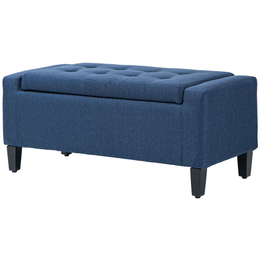 Storage Ottoman Bench, Linen Upholstered Bench with Tufted Design, Dark Blue - Gallery Canada