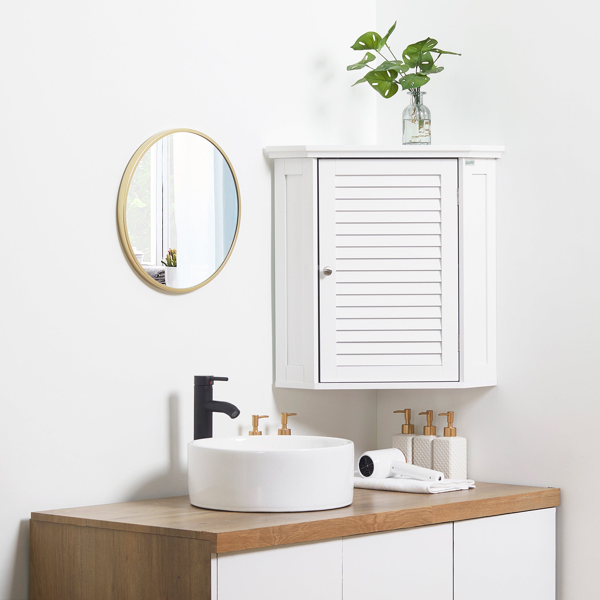 Corner Wall Cabinet, Over the Toilet Storage Cabinet with Shutter Door and Adjustable Shelf for Bathroom, Space Saving, White Wall Mounted Cabinets   at Gallery Canada