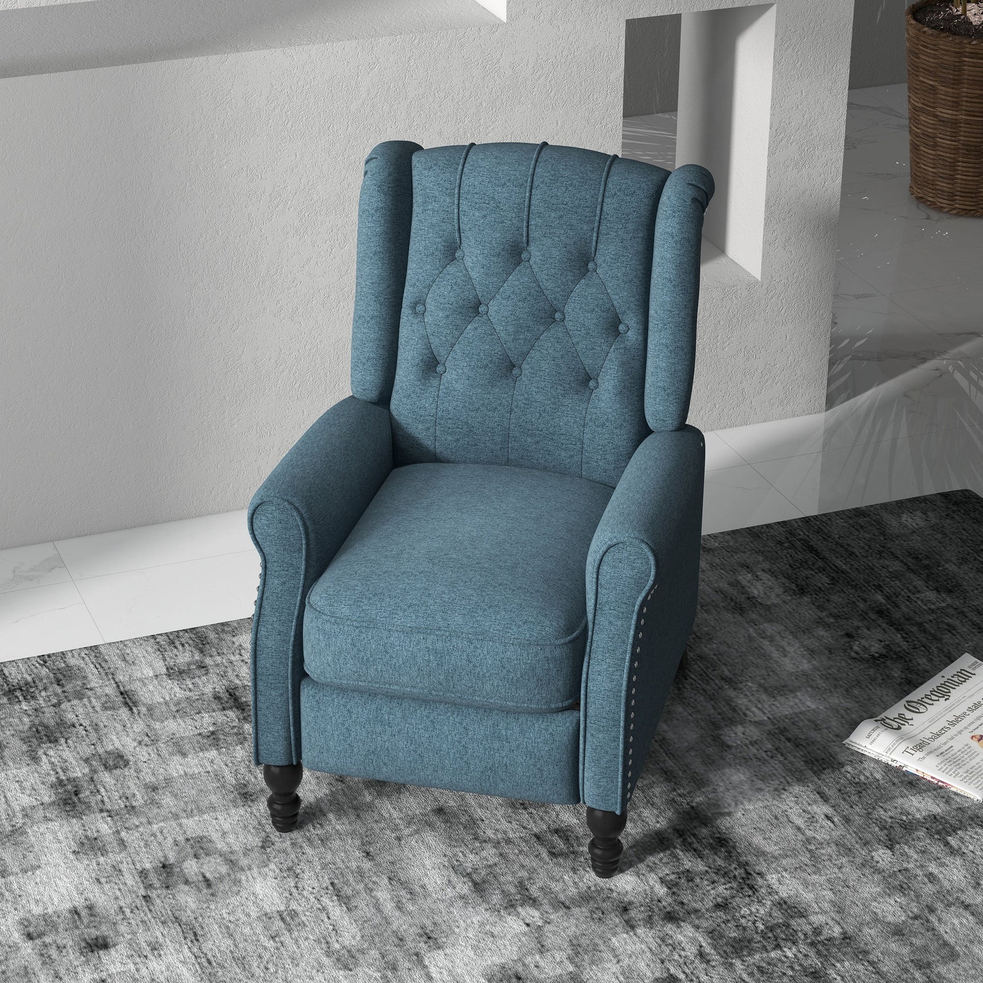 Wingback Reclining Chair with Footrest, Button Tufted Recliner Chair with Rolled Armrests for Living Room, Blue Single Sofas   at Gallery Canada