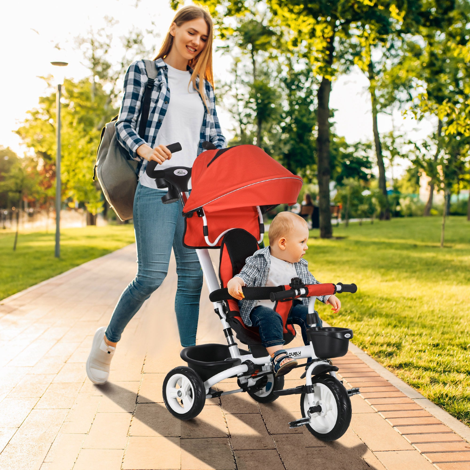 6 in 1 Toddler Tricycle with Parent Push Handle, Canopy, Storage Baskets, Cupholder, Red Tricycles for Kids at Gallery Canada