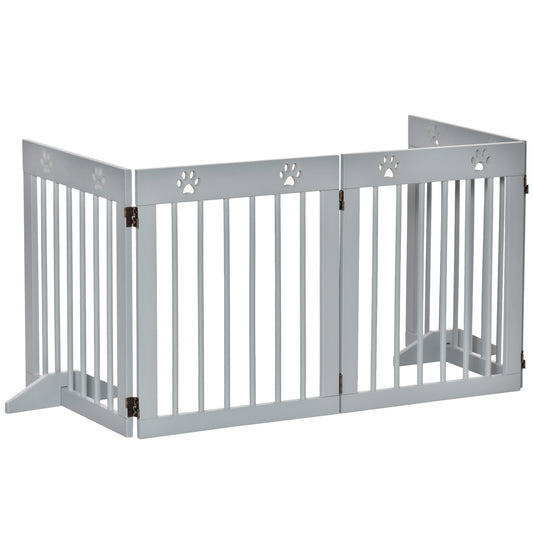 Freestanding Pet Gate 4 Panel Wooden Dog Barrier Folding Safety Fence with Support Feet for Doorway Stairs Light Grey Houses, Kennels & Pens   at Gallery Canada