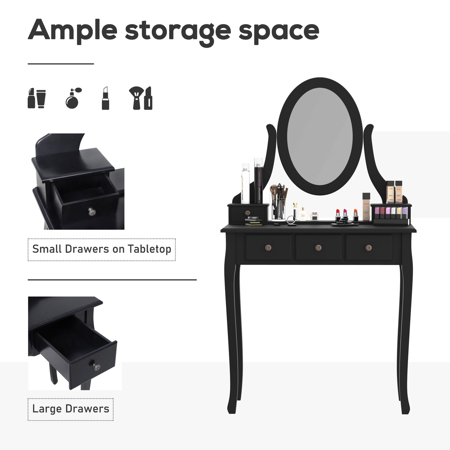 Wooden Vanity Table Set, Makeup Dressing Table with 360° Rotating Oval Mirror, 5 Drawers and Padded Stool for Bedroom, Black Dressing & Vanity Tables   at Gallery Canada