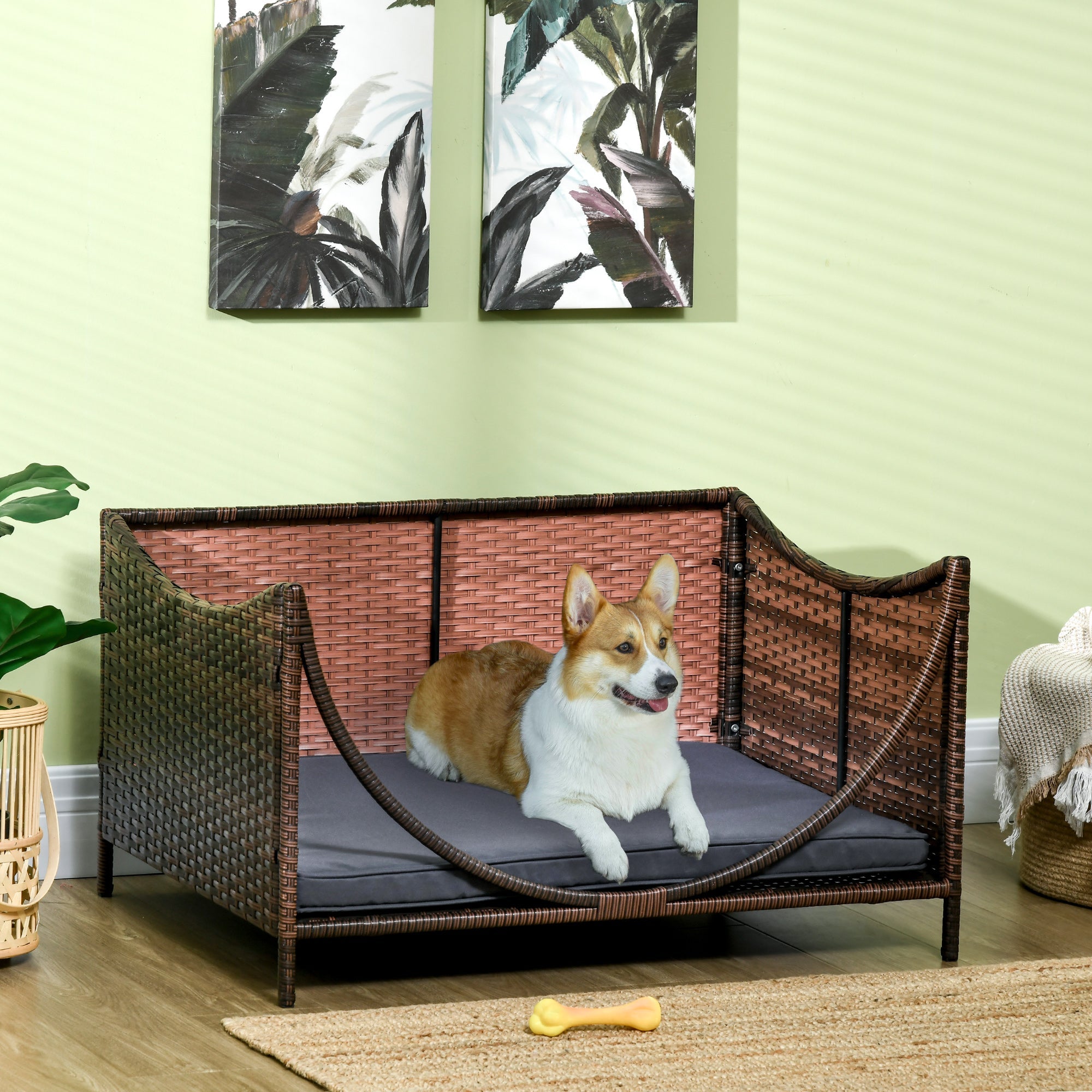 Rattan Pet Bed for Small Medium Dogs and Cats, Wicker Dog House Outdoor with Water-resistant Cushion, 35