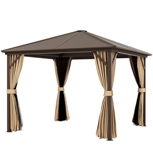10' x 10' Hardtop Gazebo Outdoor Aluminum Gazebo Canopy with Mosquito Netting, Curtains, Hanging Hook, Brown