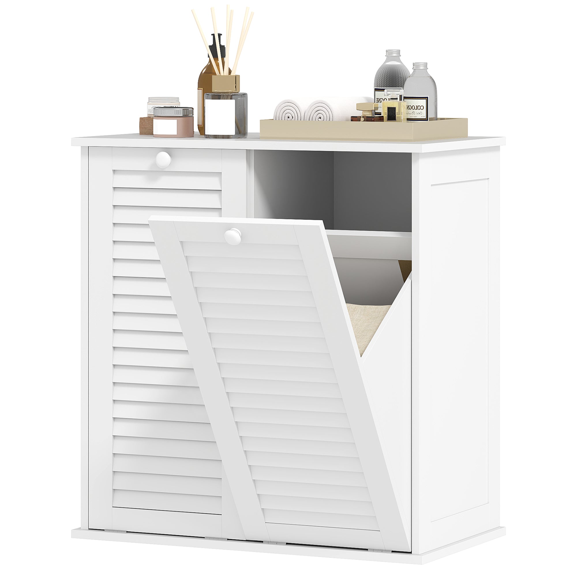 Tilt Out Laundry Cabinet, Laundry Basket Cabinet with 2 Baskets and 2 Louvered Doors, White Bathroom Cabinets White at Gallery Canada