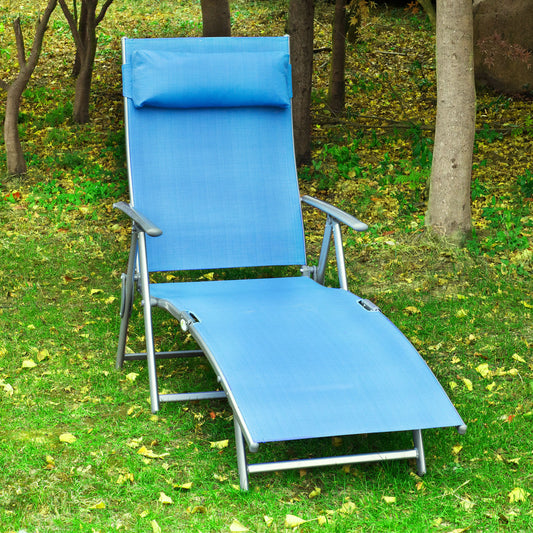 Heavy-Duty Adjustable Reclining Outdoor Sun Lounger with Pillow, 7 Positions, Blue Lounger Chairs   at Gallery Canada