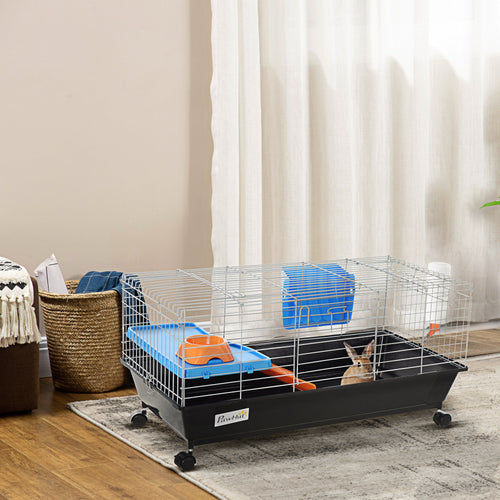 Small Animal Cage, Rolling Bunny Cage, Guinea Pig Cage with Food Dish, Water Bottle, Hay Feeder, Platform, Ramp, Black