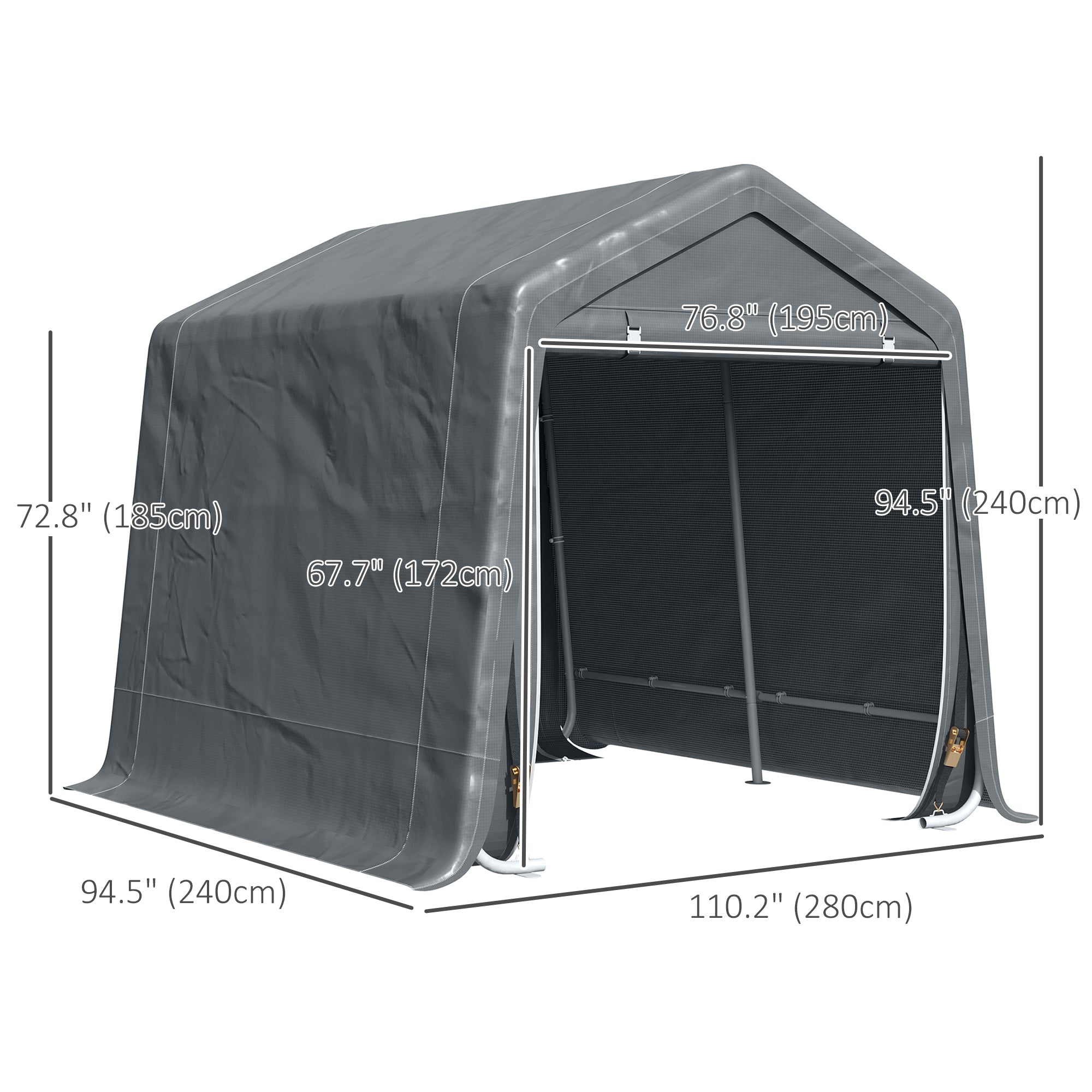 9.2' x 7.9' Garden Storage Tent, Patio Storage Shelter w/ Metal Frame and Double Zipper Doors, Dark Grey Car Shelters at Gallery Canada