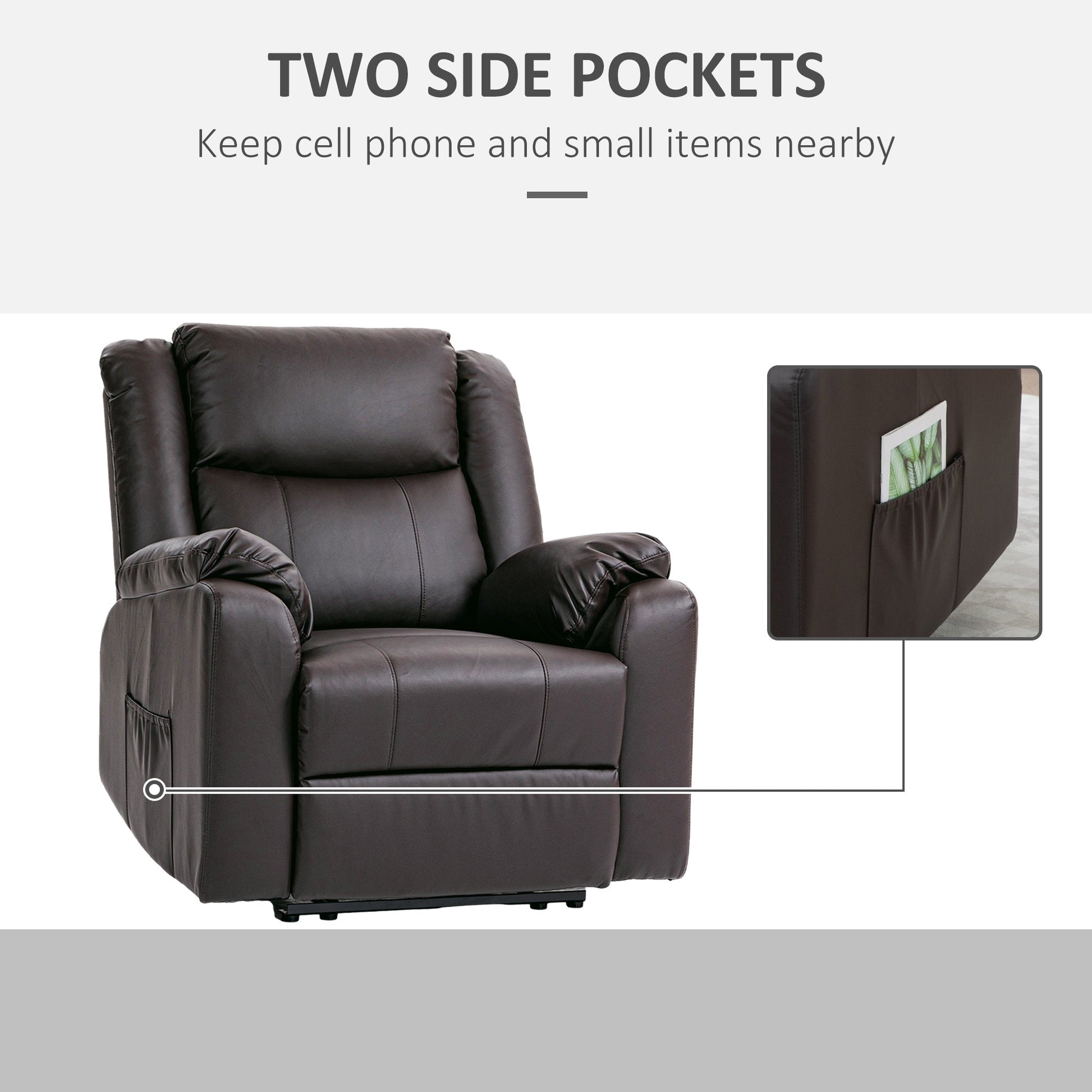 PU Leather Reclining Chair, Recliner Chair for Living Room with Footrest and 2 Side Pockets, Brown Single Sofas   at Gallery Canada