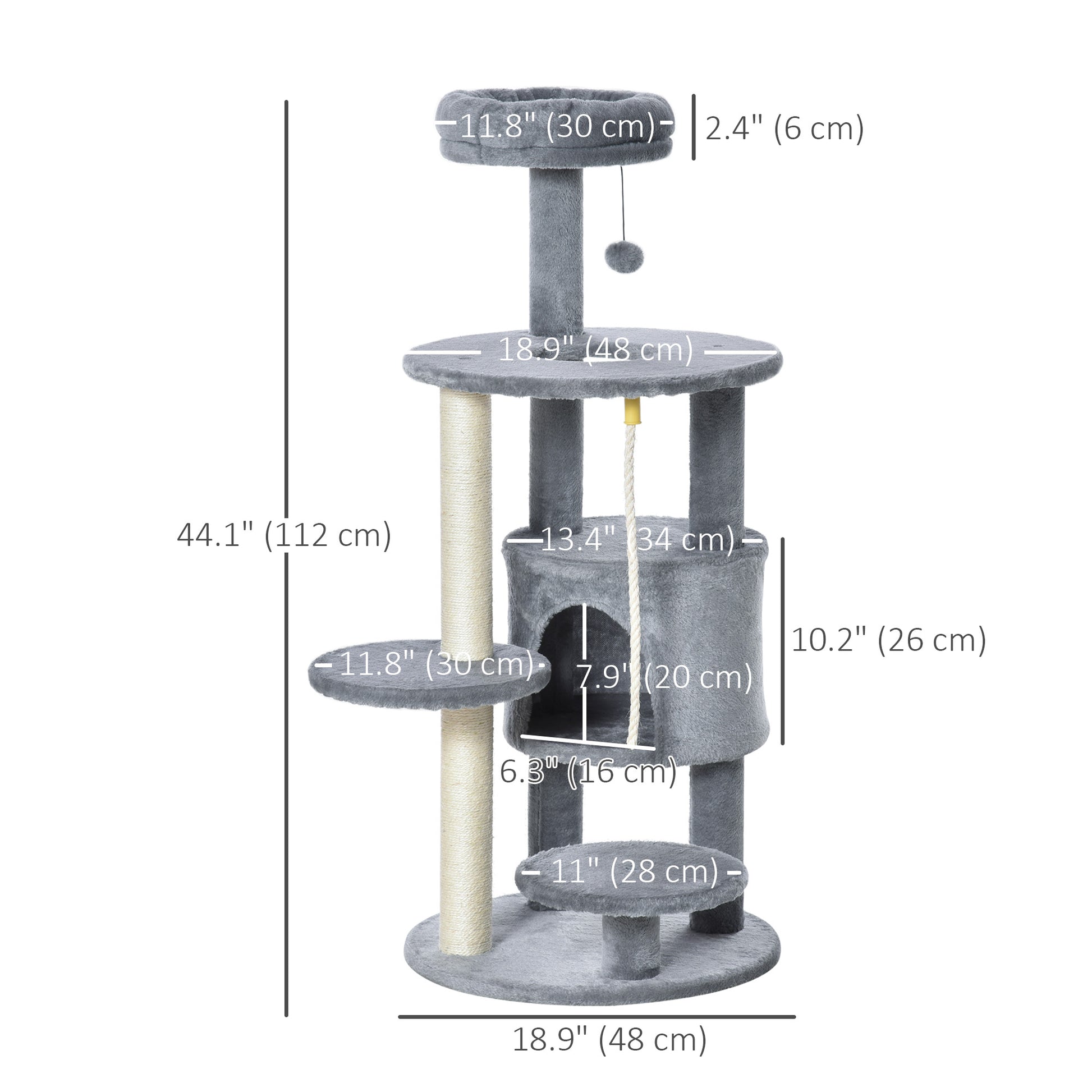 41" Cat Tree Tower Activity Center with Condo, Scratching Posts and Hanging Toys, Dark Grey Cat Towers   at Gallery Canada