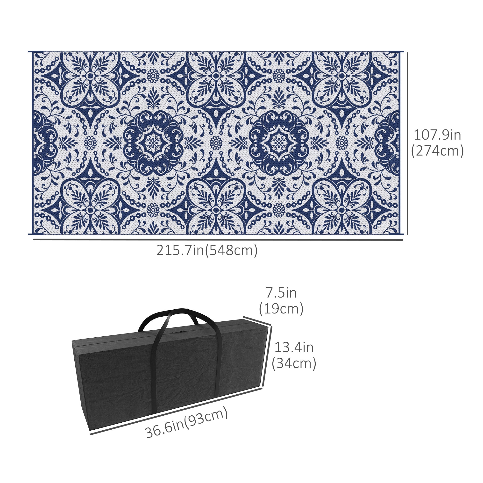Portable Outdoor Rug with Carry Bag, 9' x 18' Reversible Mat, Waterproof Plastic Straw RV Rug for Backyard, Deck, Picnic, Beach, Camping, Blue &; White Flower Outdoor Reversible Rugs at Gallery Canada