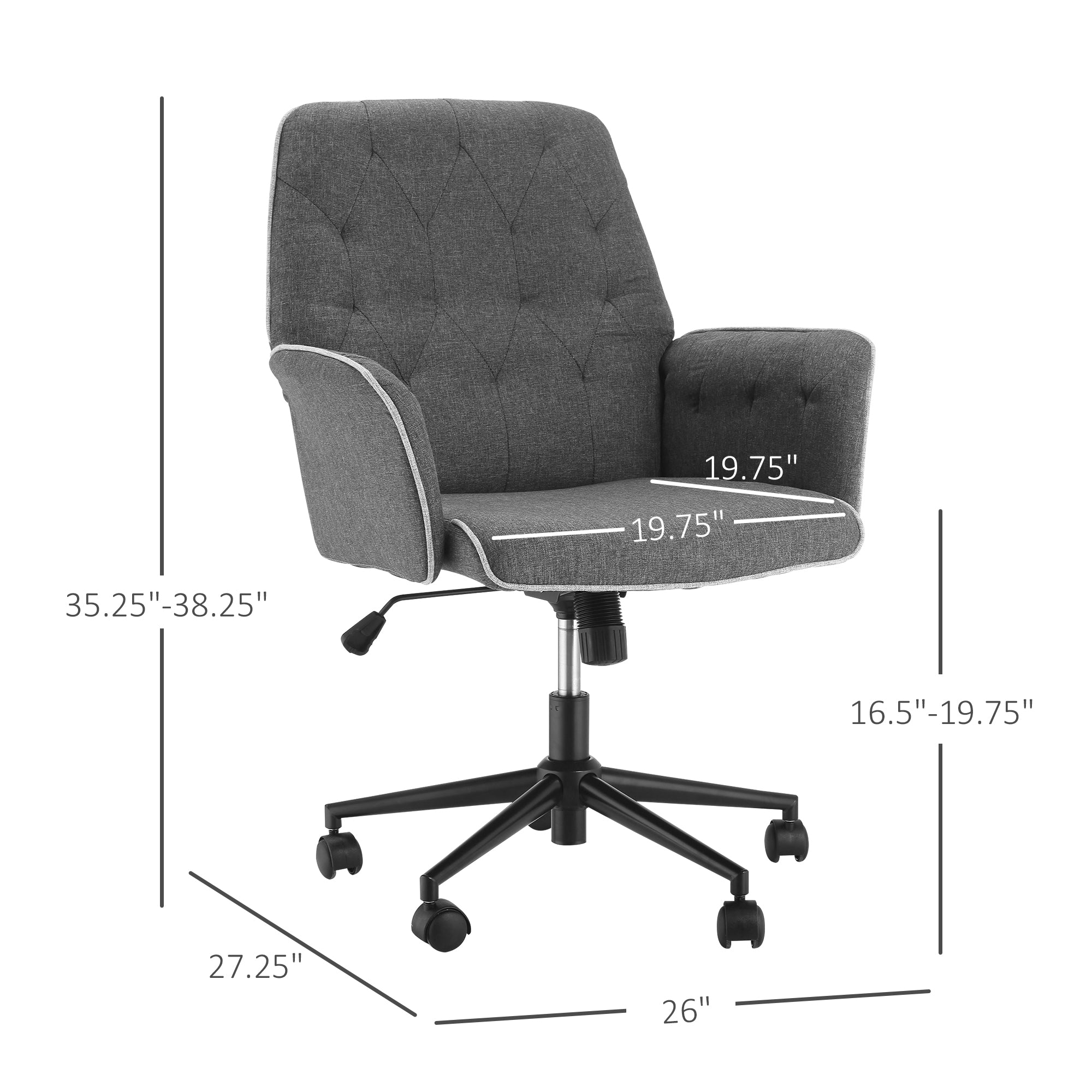 Office Chair, Fabric Study Chair, Mid-Back Tufted Desk Chair with Swivel Wheels, Adjustable Height, Grey Task Chairs   at Gallery Canada