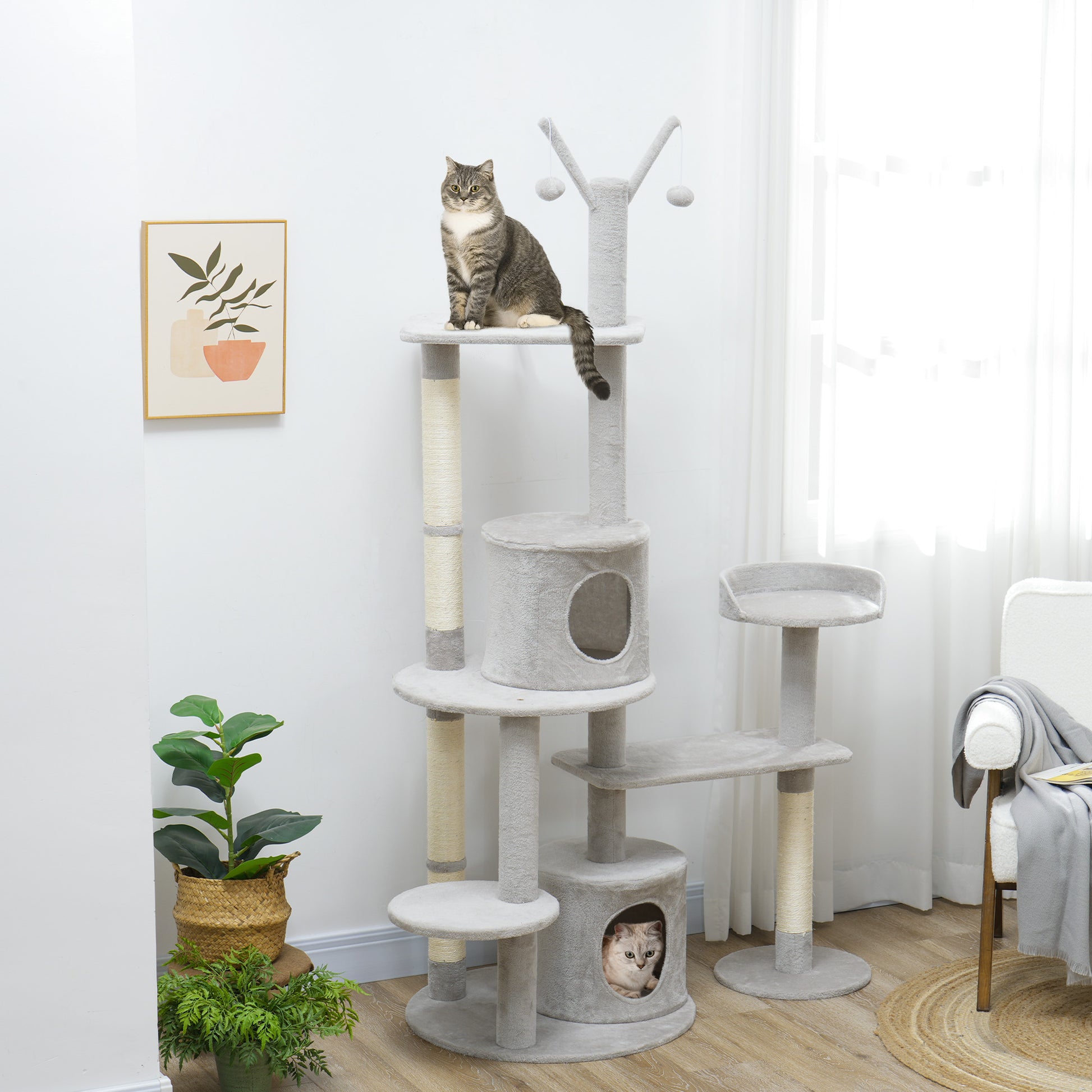 73.5" Cat Tree Tower with Scratching Posts, Condos, Bed, Multi-Level Platforms, Toy Balls, for Indoor Cats, Light Grey Cat Towers   at Gallery Canada