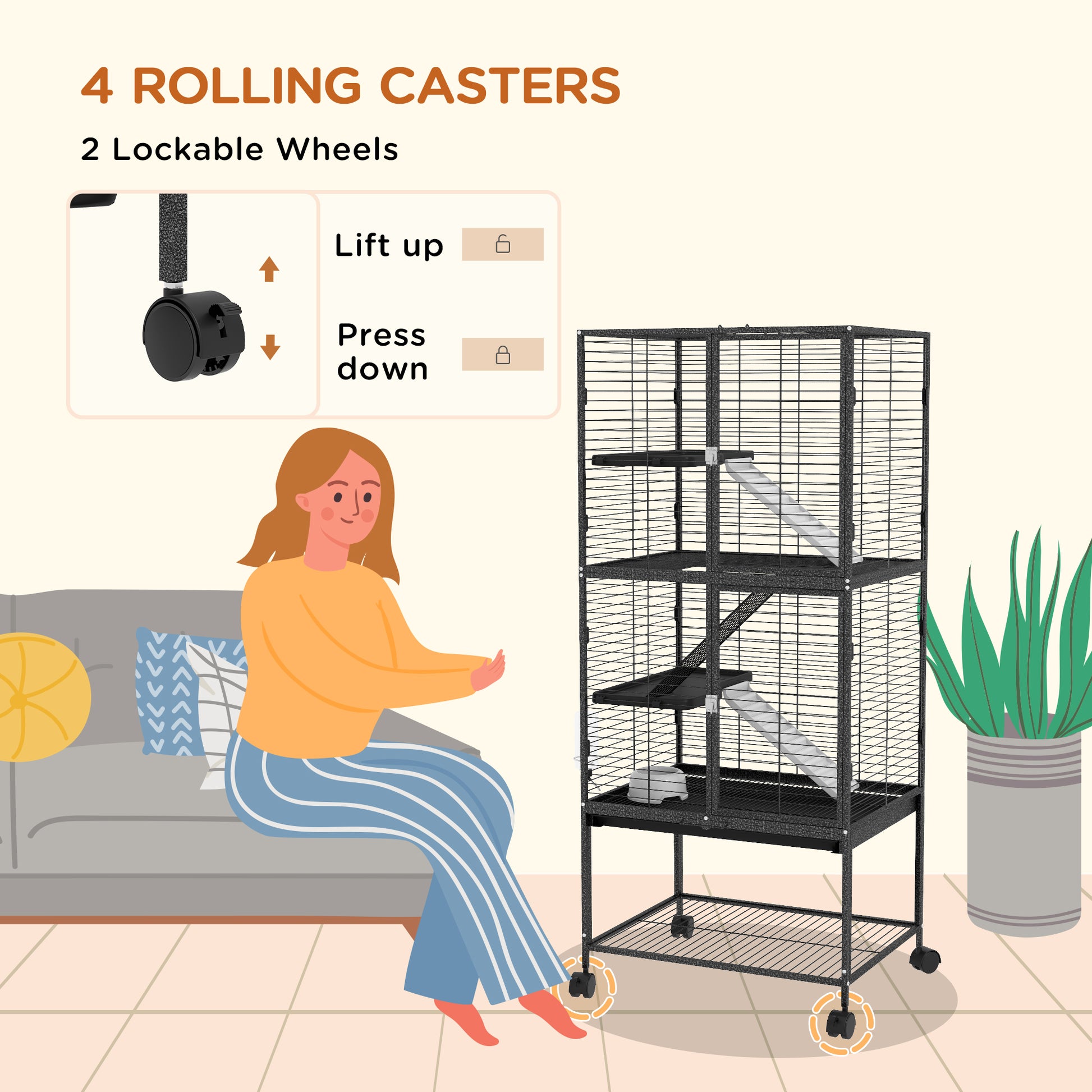 Rolling Small Animal Cage 53.5"H Chinchilla Cage for Ferrets, Squirrels w/ Removable Tray, Storage Shelf, Dark Grey Houses & Habitats   at Gallery Canada