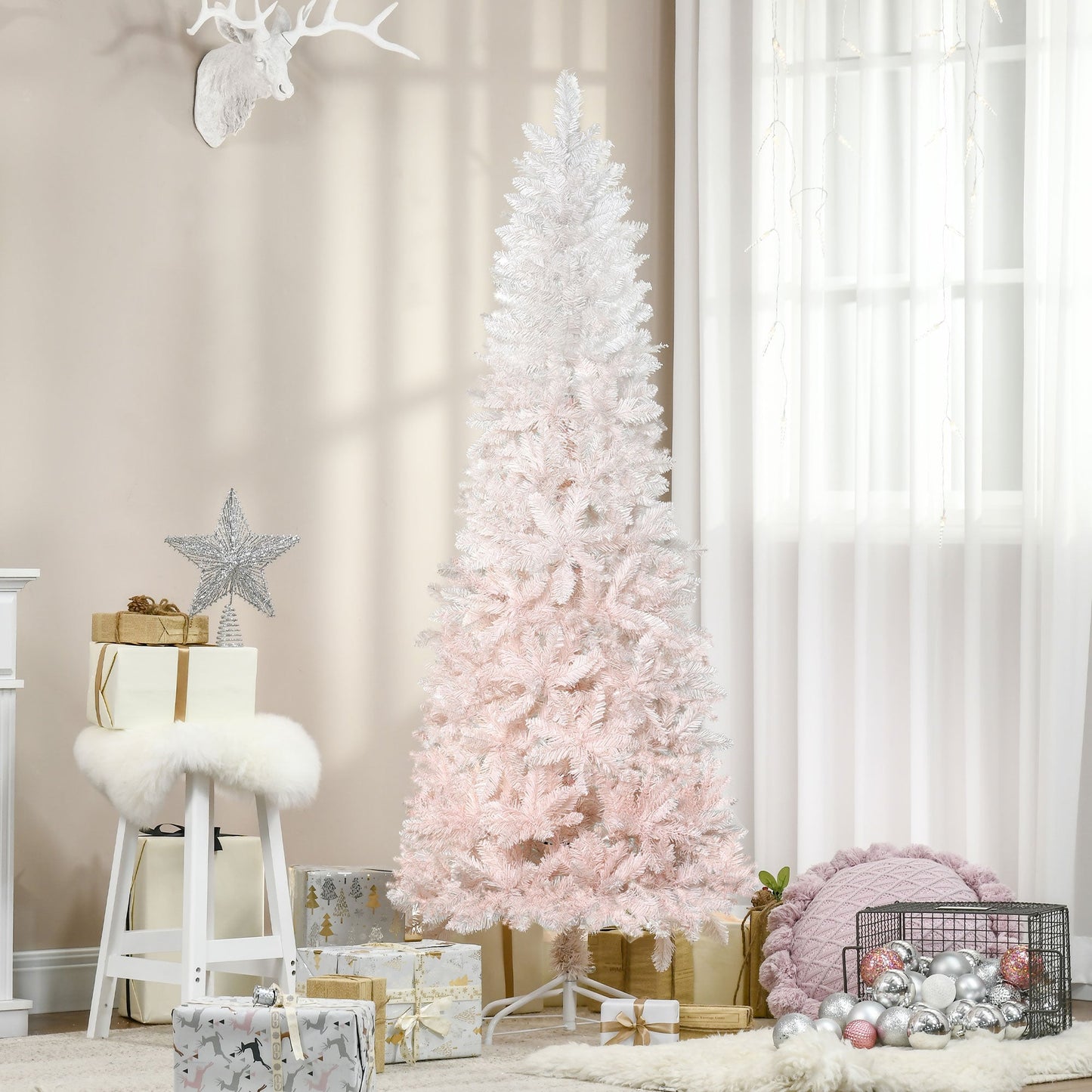 6ft Pencil Artificial Christmas Tree with Pine Realistic Branches, Auto Open, Pink and White Pencil Christmas Trees   at Gallery Canada