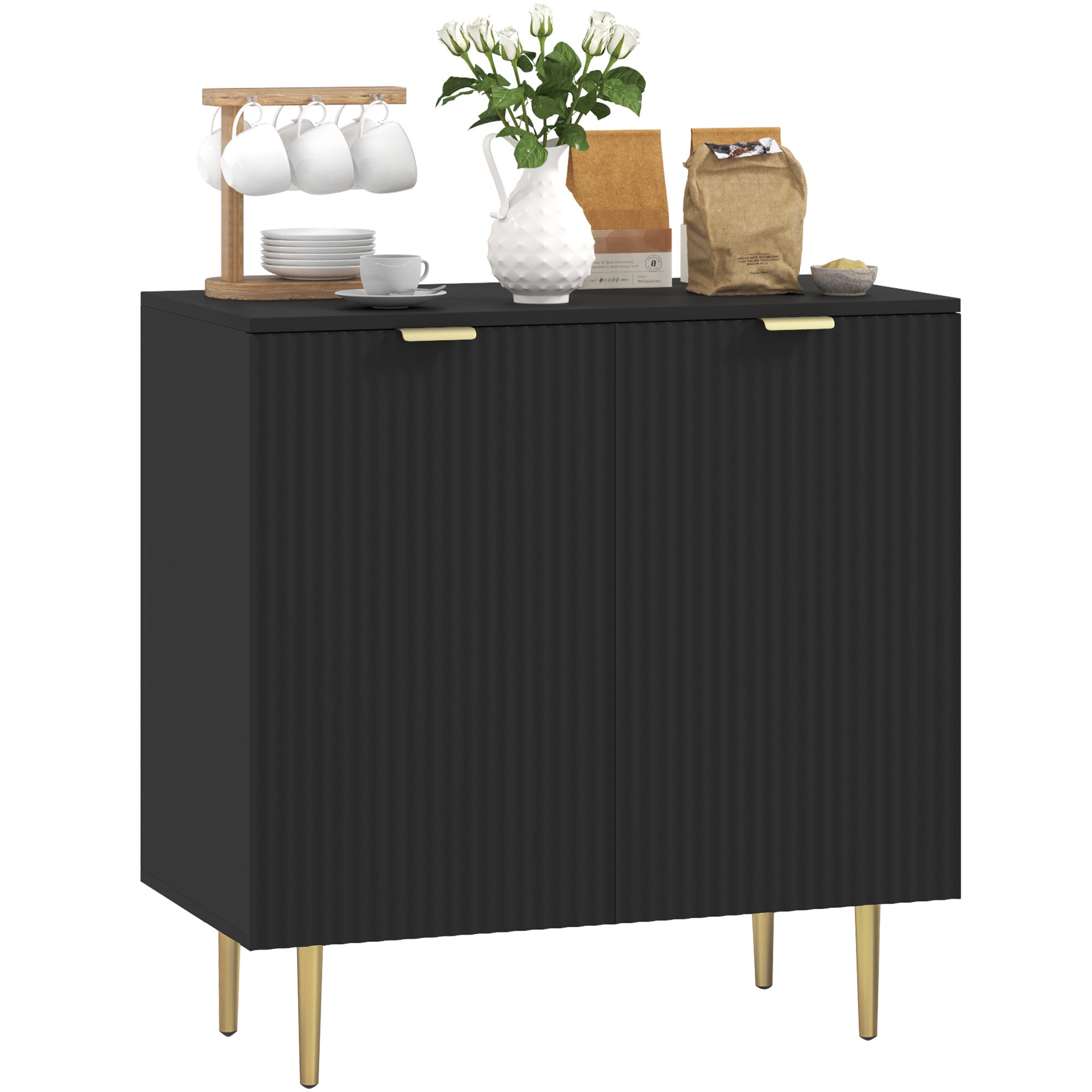 Modern Kitchen Storage Cabinet, Sideboard Buffet Cabinet with Adjustable Shelves and Metal Legs for Kitchen, Black Bar Cabinets   at Gallery Canada