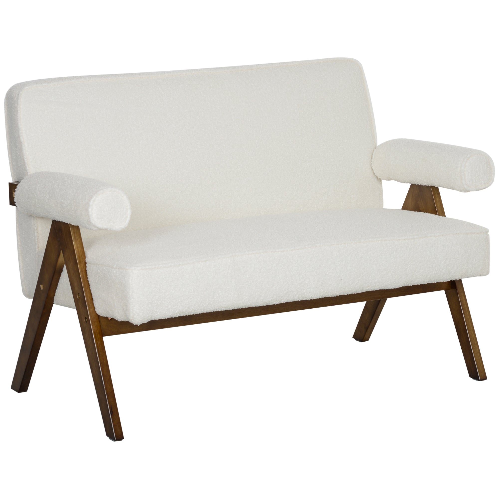 Boucle Fabric 2 Seater Sofa, Small Sofa Loveseat with Thick Padding and Wood Legs, Cream White 2-Seater Sofas   at Gallery Canada