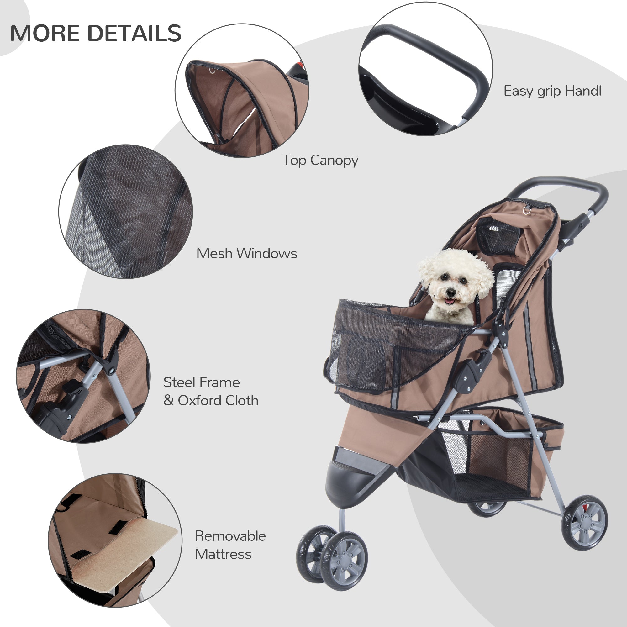 3 Wheel Folding Pet Stroller Dog Bike Carrier Strolling Jogger with Brake, Canopy, Cup Holders and Bottom Storage Space, Coffee Dog Bike Trailers & Strollers   at Gallery Canada