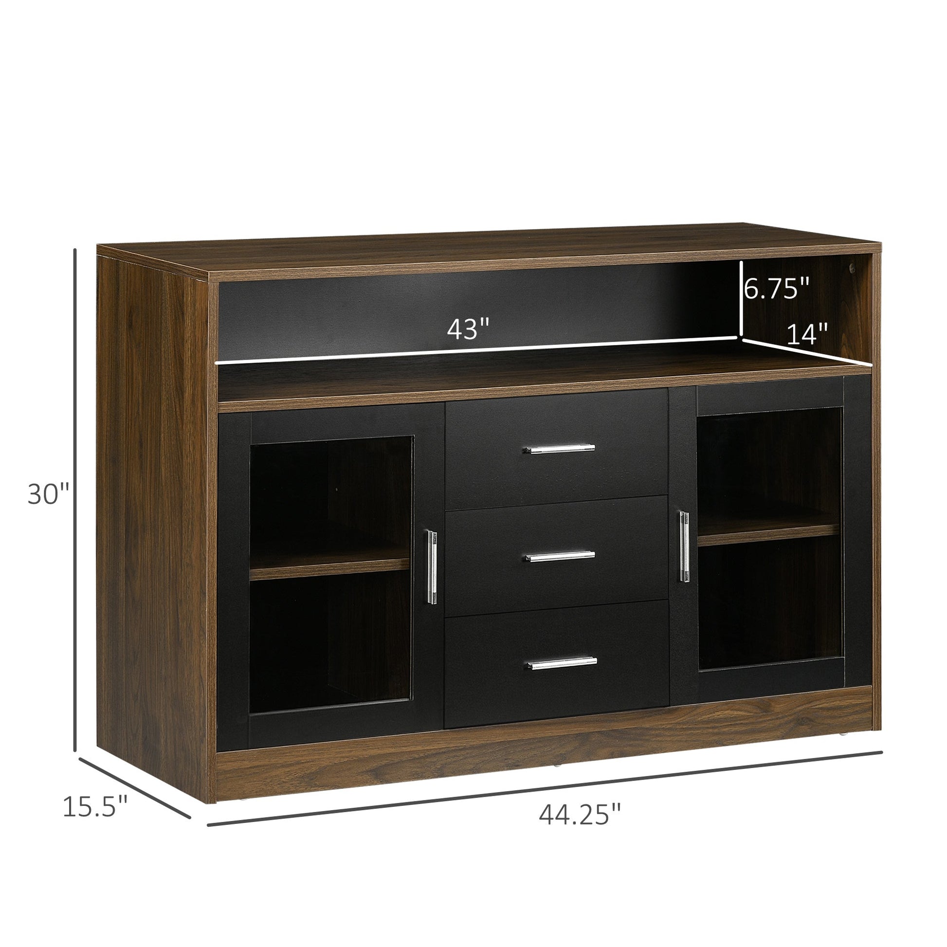 Buffet Cabinet, Glass Door Accent Sideboard with 3 Storage Drawers, Interior Adjustable Shelves, Console Table, Black and Natural Bar Cabinets Multi Colour  at Gallery Canada