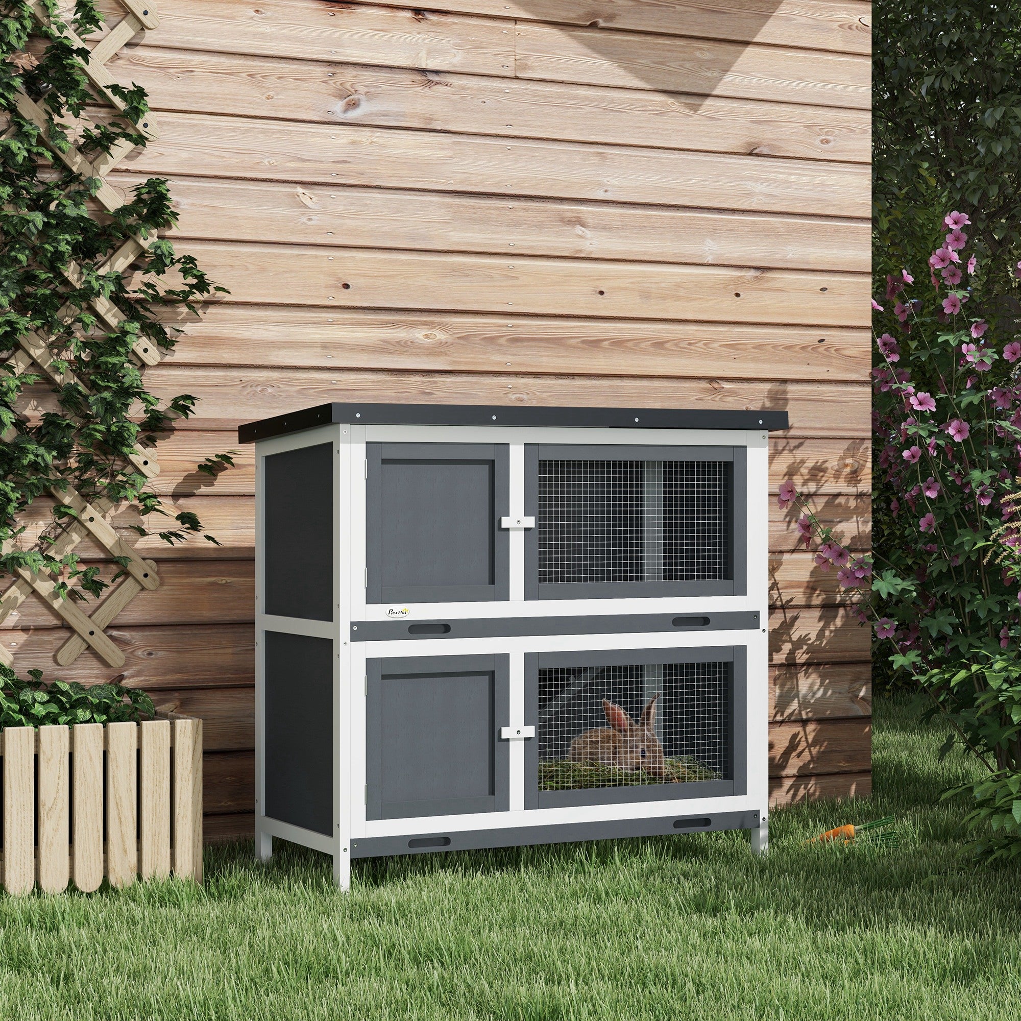 Wood Rabbit Hutch with 2 Large Main House, Ramp, Trays, Grey Rabbit Hutch at Gallery Canada