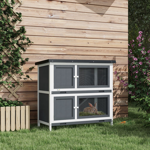 Wood Rabbit Hutch with 2 Large Main House, Ramp, Trays, Grey