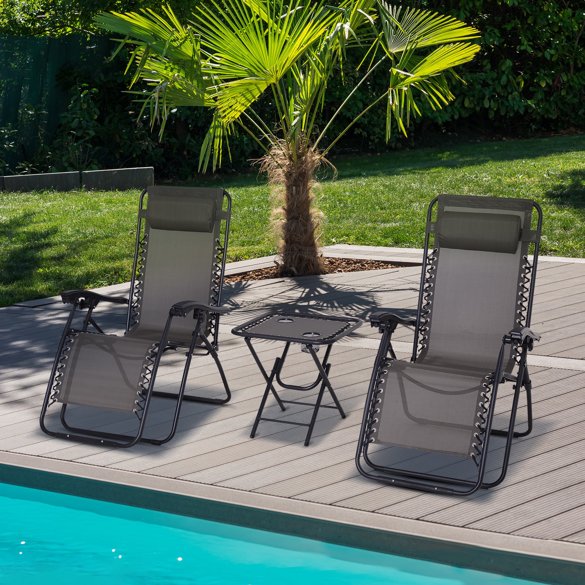 3pcs Zero Gravity Lounger Chair Set Patio Chaise Lounge Side Table Set with Cup Holder, Grey Lounger Chairs   at Gallery Canada