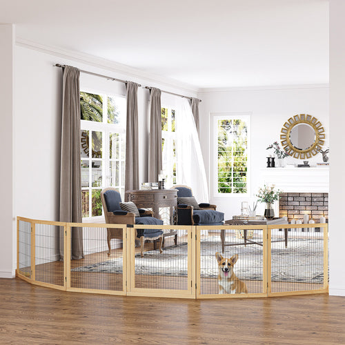 Wooden Pet Gate, Dog Safety Barrier, Freestanding Foldable Fence, w/ 6 Panels, 2 Support Feet, for House Doorway Stairs, Small &; Medium Dogs, Natural Wood