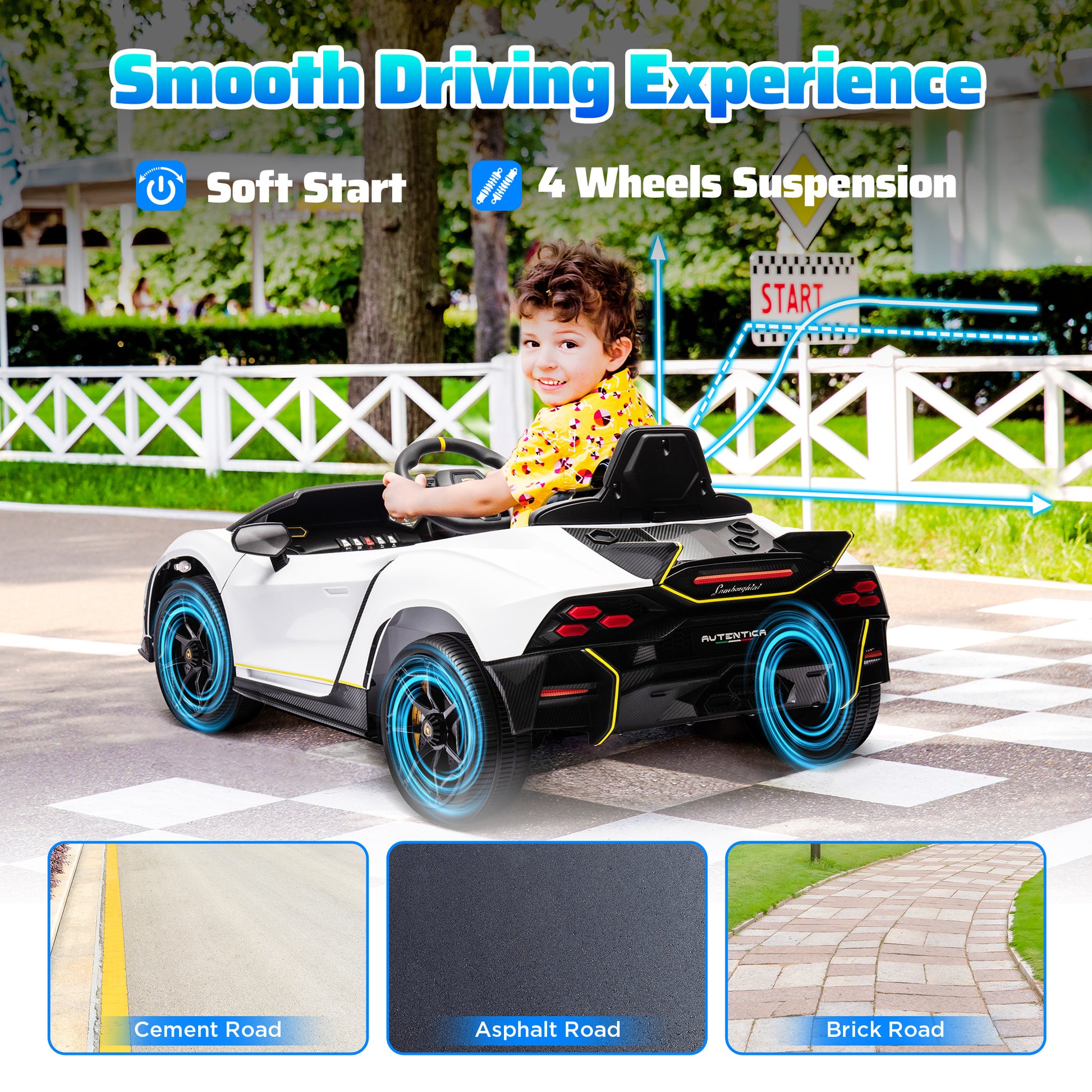 12V Lamborghini Autentica Licensed Kids Car with Remote Control, 4 Wheels Spring Suspension, Soft Start, White Electric Toy Cars   at Gallery Canada