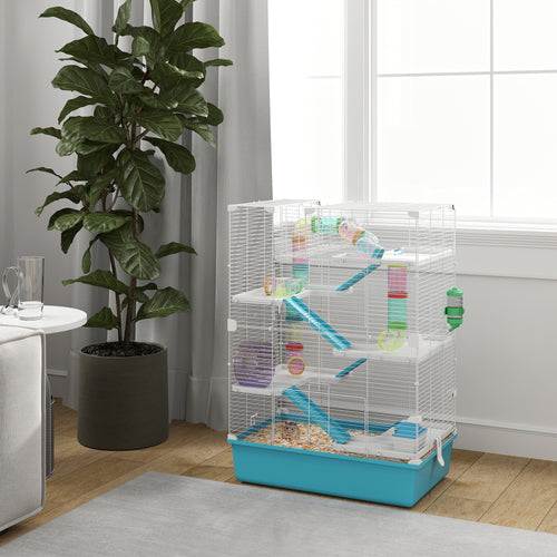 6 Tier Hamster Cage w/ Tunnels and Tubes, Hut, Wheel, Food Dish, Water Bottle, Ramps, for Dwarf &; Gerbil, Light Blue