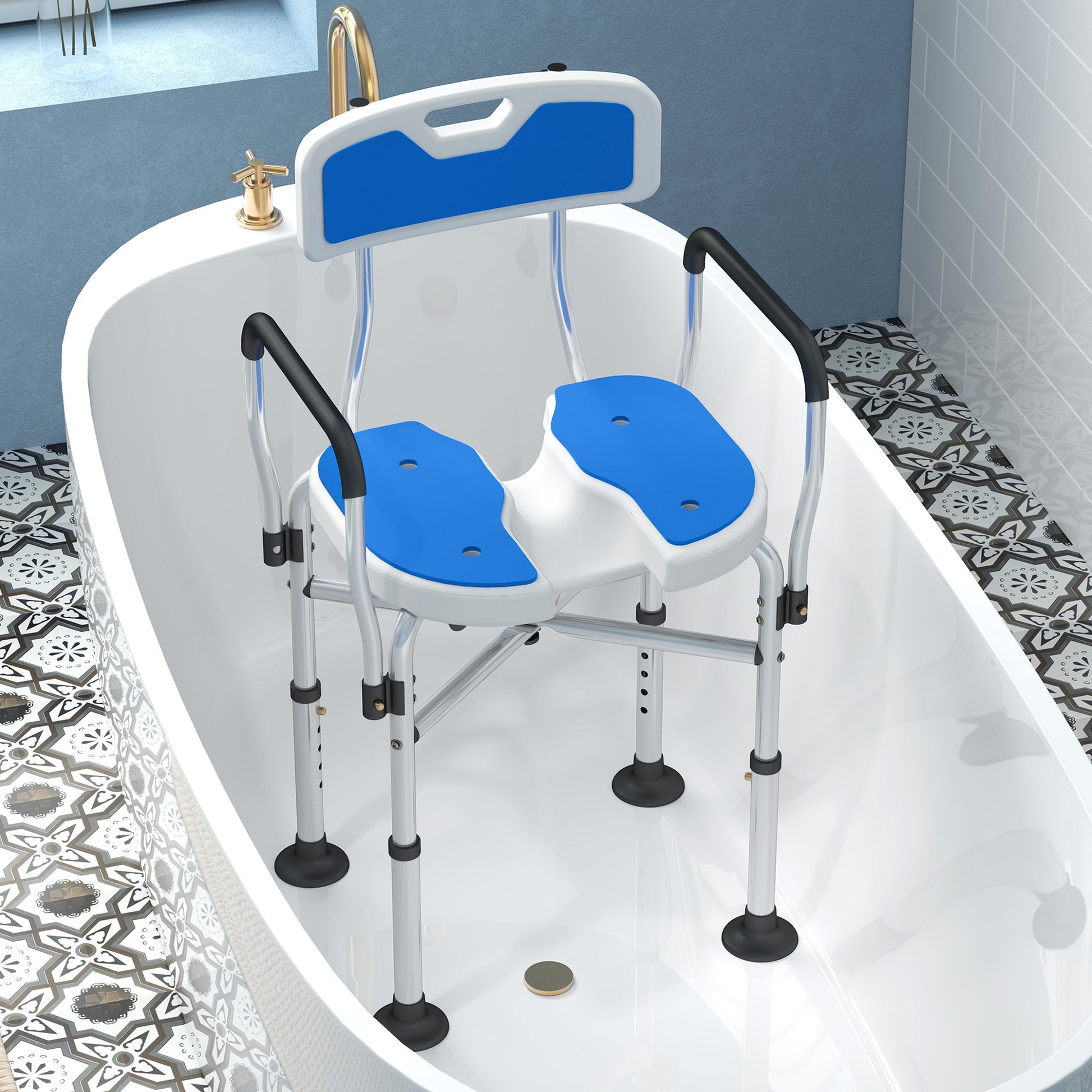 Upgraded Shower Chair Non-slip Bath Chair with U-shaped Shower Seat and Crossing Bars, Dark Blue Bath Chairs   at Gallery Canada