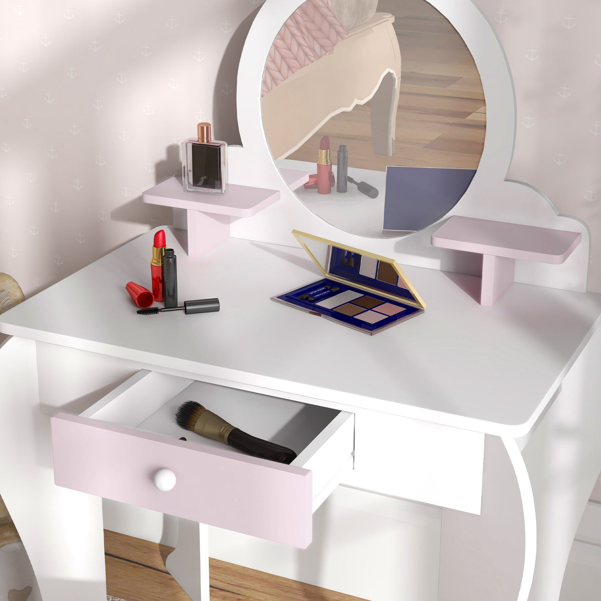 Kids Makeup Vanity Set with Stool, Mirror, Drawer, Storage Boxes, Rabbit Design, White Toy Vanity   at Gallery Canada