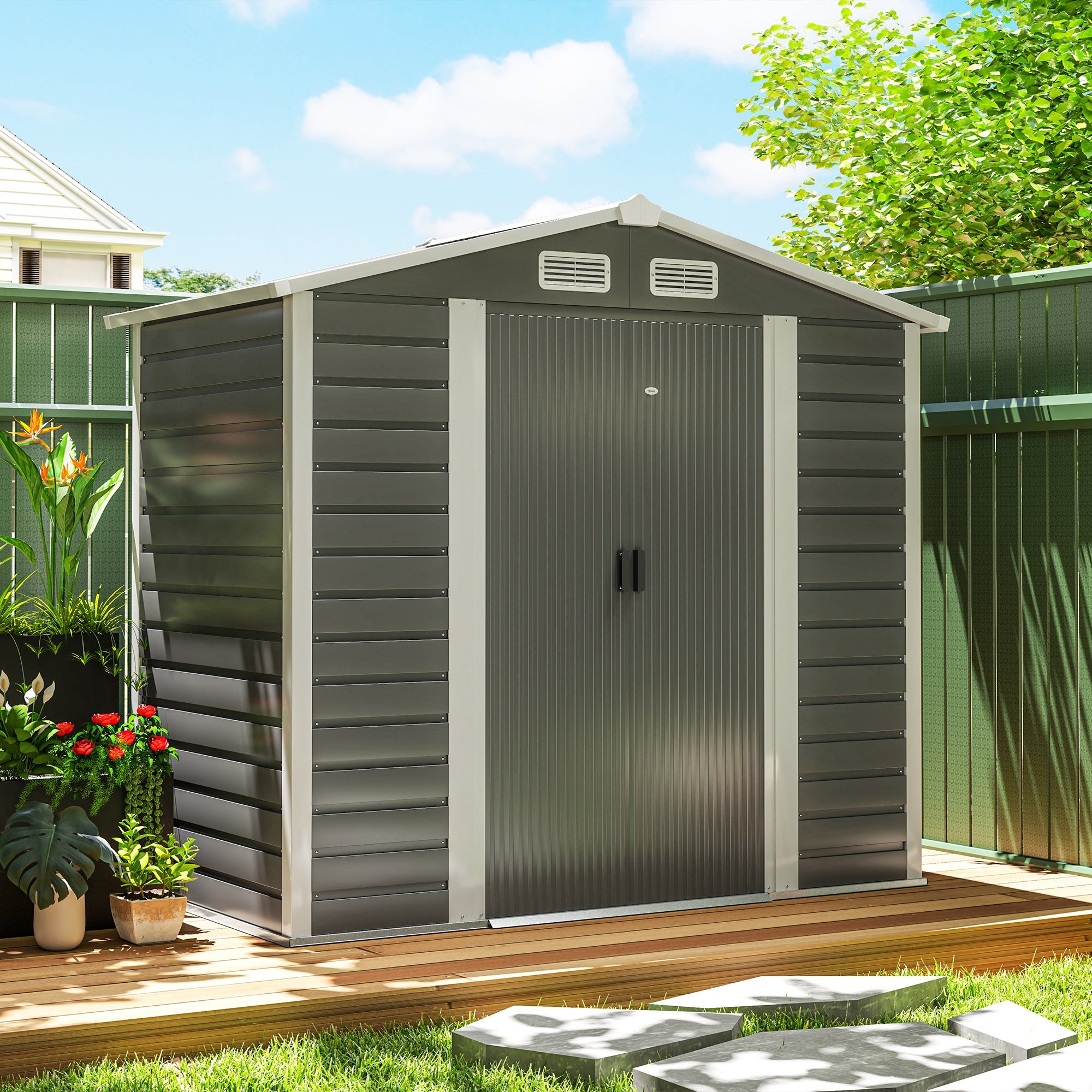 7' x 4' Outdoor Storage Shed, Metal Garden Shed with Lockable Doors and Gloves for Backyard, Garden, Patio, Dark Grey Sheds at Gallery Canada