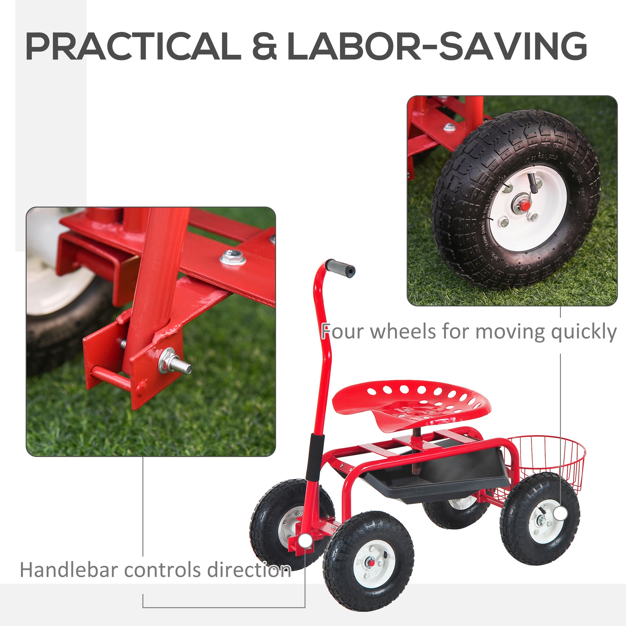 Garden Scooter, Rolling Cart with Swivel and Adjustable Seat, Tool Tray, Bucket Basket, Red and Black Folding Garden Carts at Gallery Canada