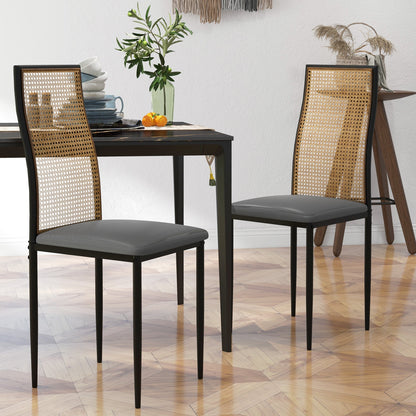 Dining Chairs Set of 2, Boho Kitchen Chairs with Rattan Back, PU Leather Upholstered Seat and Steel Legs for Dining Room, Bedroom, Grey Bar Stools   at Gallery Canada