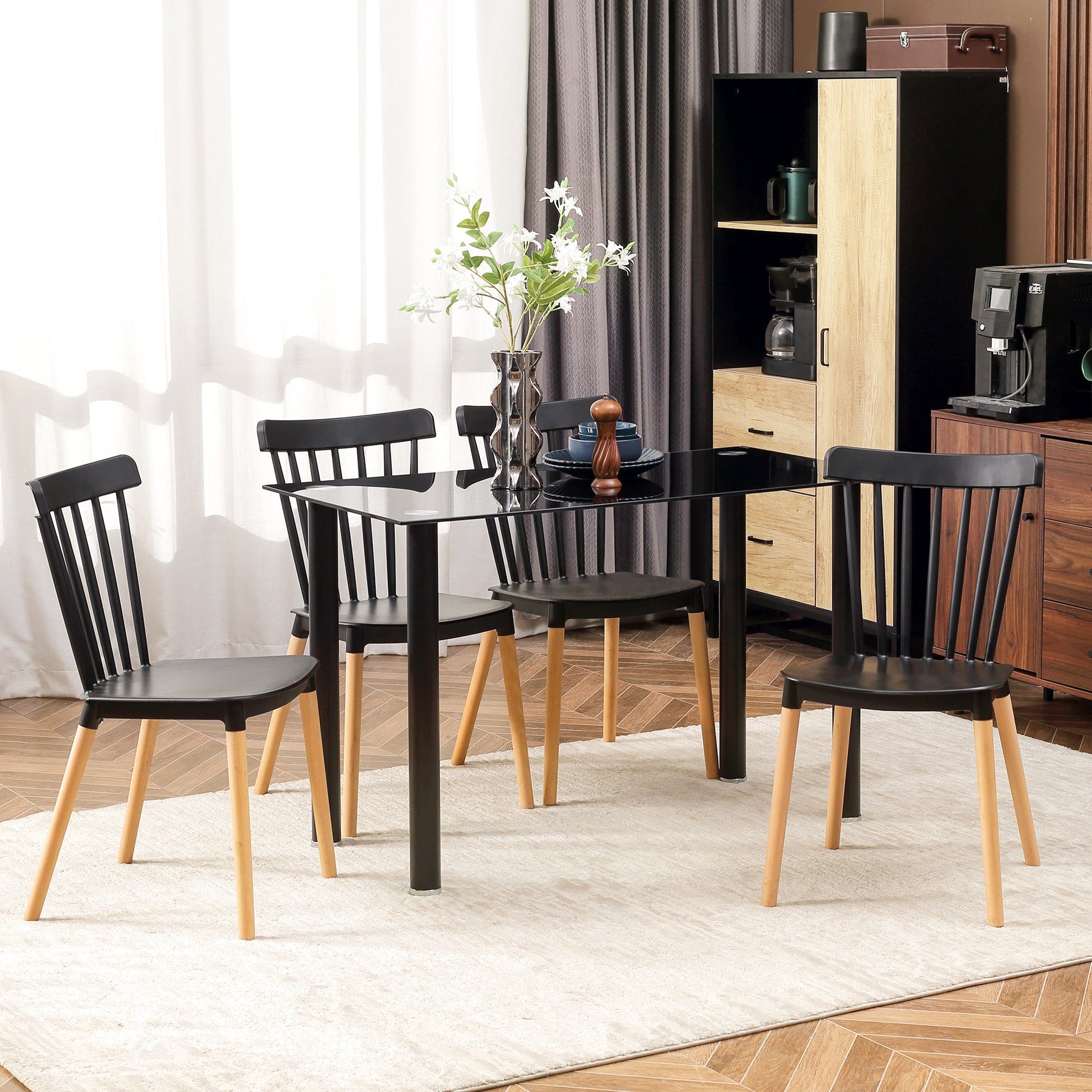 Dining Chairs Set of 4, Modern Kitchen Chair with Slatted Back, PP Seat, Beechwood Legs for Living Room, Black Bar Stools   at Gallery Canada