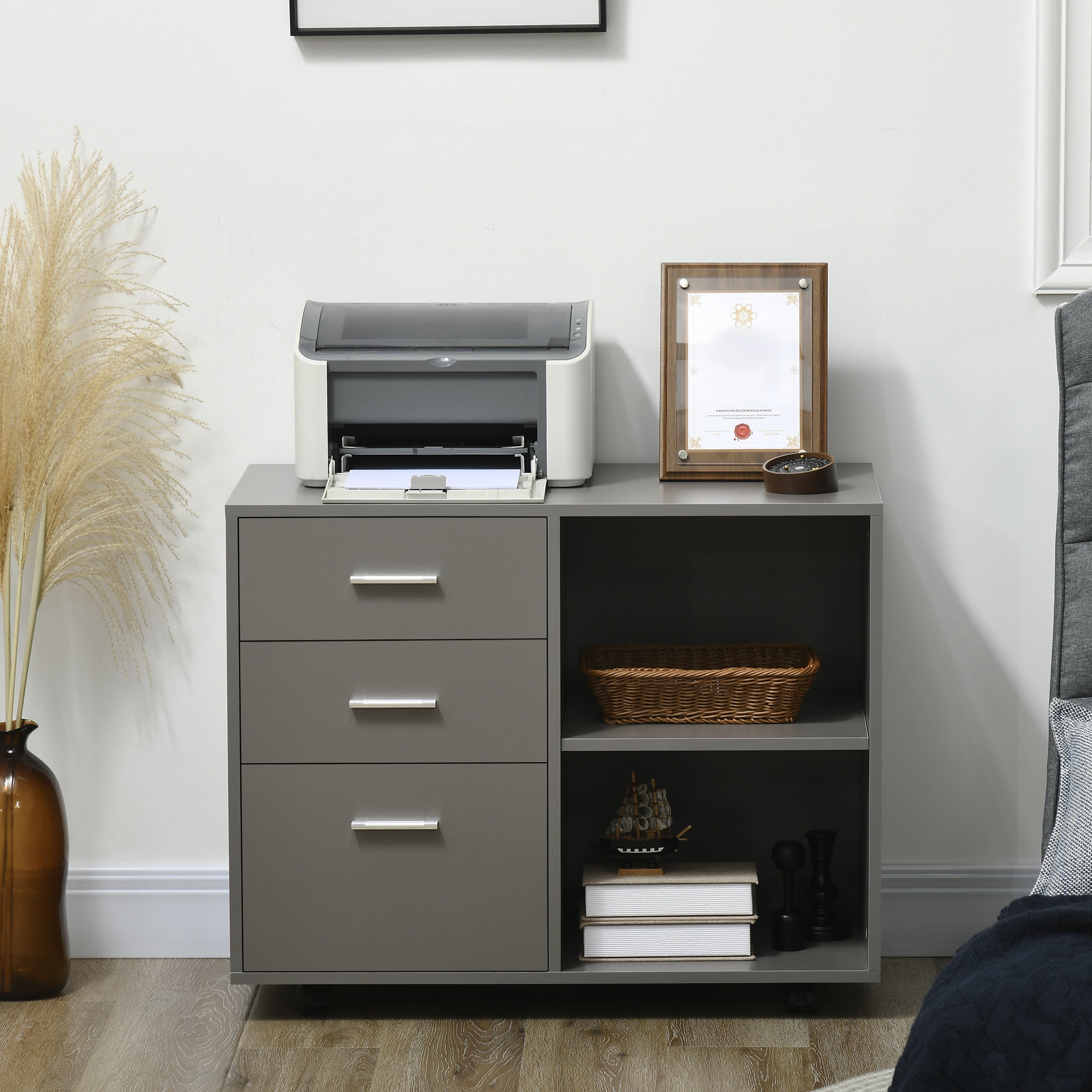 Modern Lateral Filing Cabinet, 3 Drawer File Cabinet for Letter and A4 Size Documents, Mobile, Printer Stand with Open Shelves, Rolling Wheels, Grey Office Cabinets & Cupboards at Gallery Canada