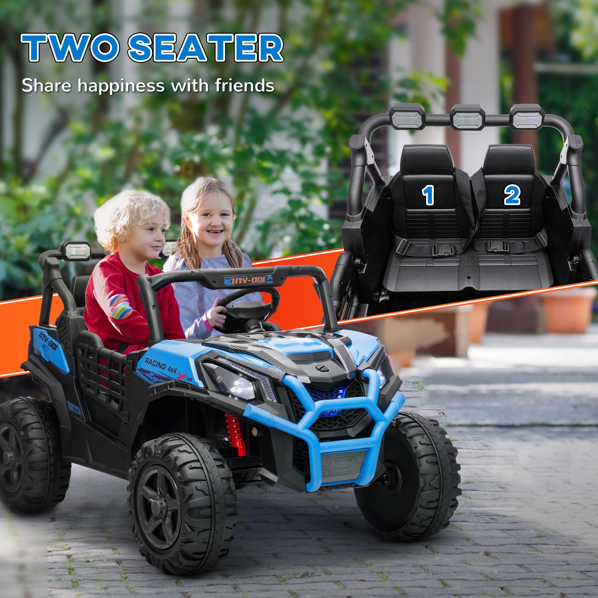 2 Seater 24V Electric Car for Kids w/ Remote Control, 3 Speed, LED Lights, Music, Horn, Spring Suspension, Blue Electric Toy Cars   at Gallery Canada