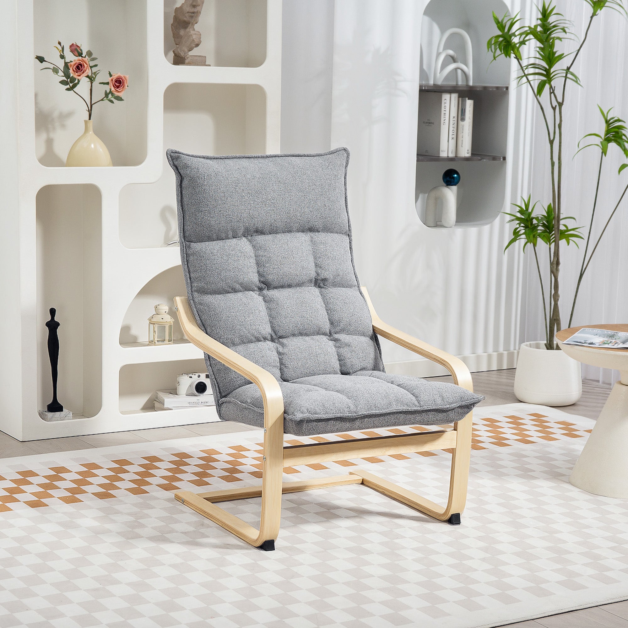 Modern Armchair, Upholstered Accent Chair with Curved Leg and Arm, Leisure Lounge Chair for Living Room, Light Grey Accent Chairs at Gallery Canada