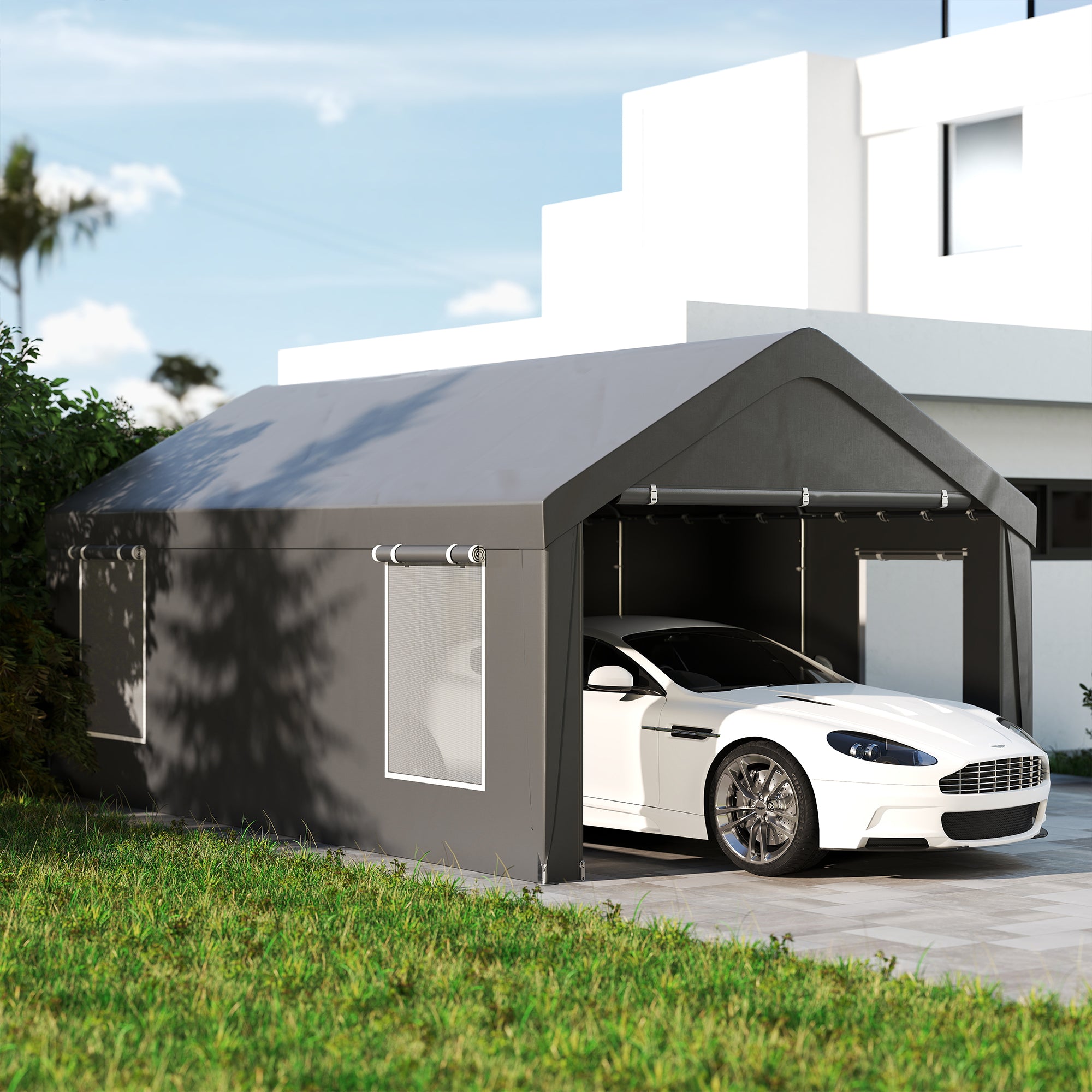 12 x 20ft Carport with 2 Roll-Up Doors, 4 Windows, Portable Garage with Removable Sidewalls for Car, Truck, Dark Grey Car Shelters at Gallery Canada