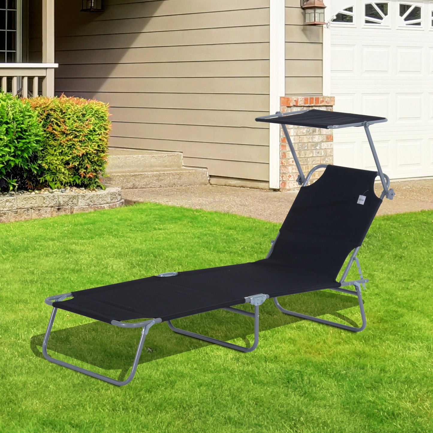 Outdoor Lounge Chair, Adjustable Folding Chaise Lounge, Tanning Chair with Sun Shade for Beach, Camping, Hiking, Backyard, Black Lounger Chairs   at Gallery Canada